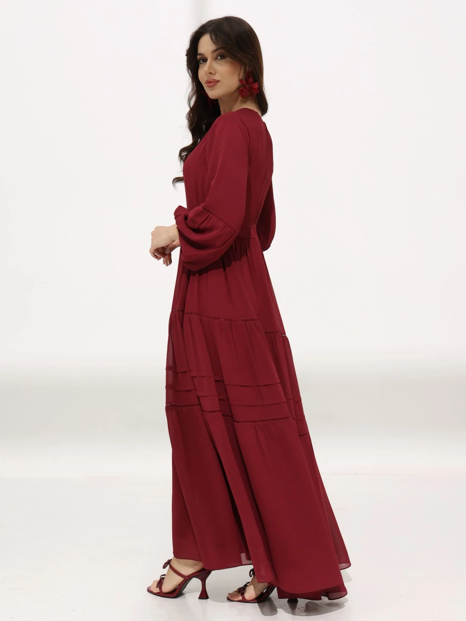 Amara Lace Maroon Solid Long Dress - Image 9