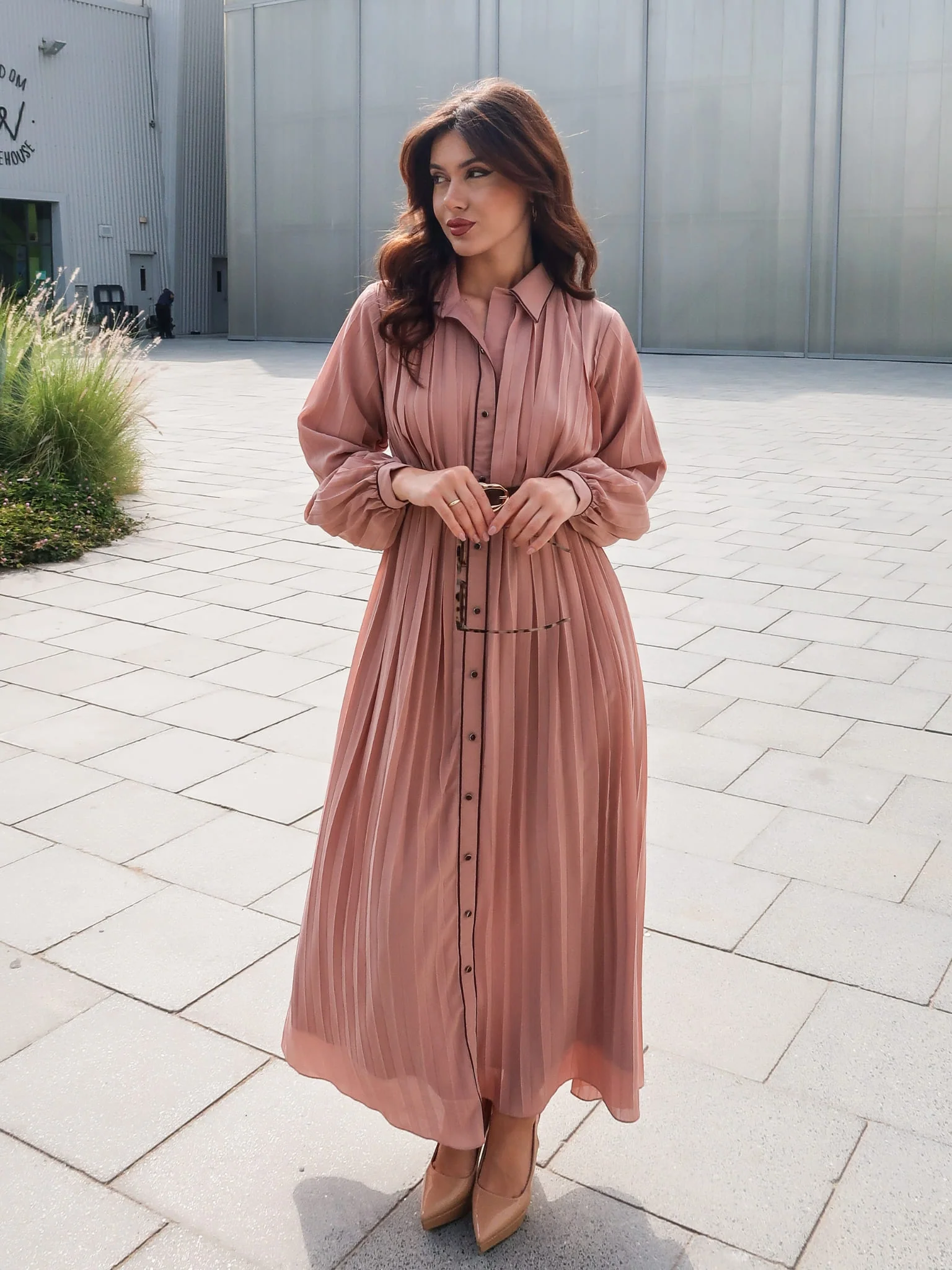 Arley Pleated Long Dress With Belt - Image 4