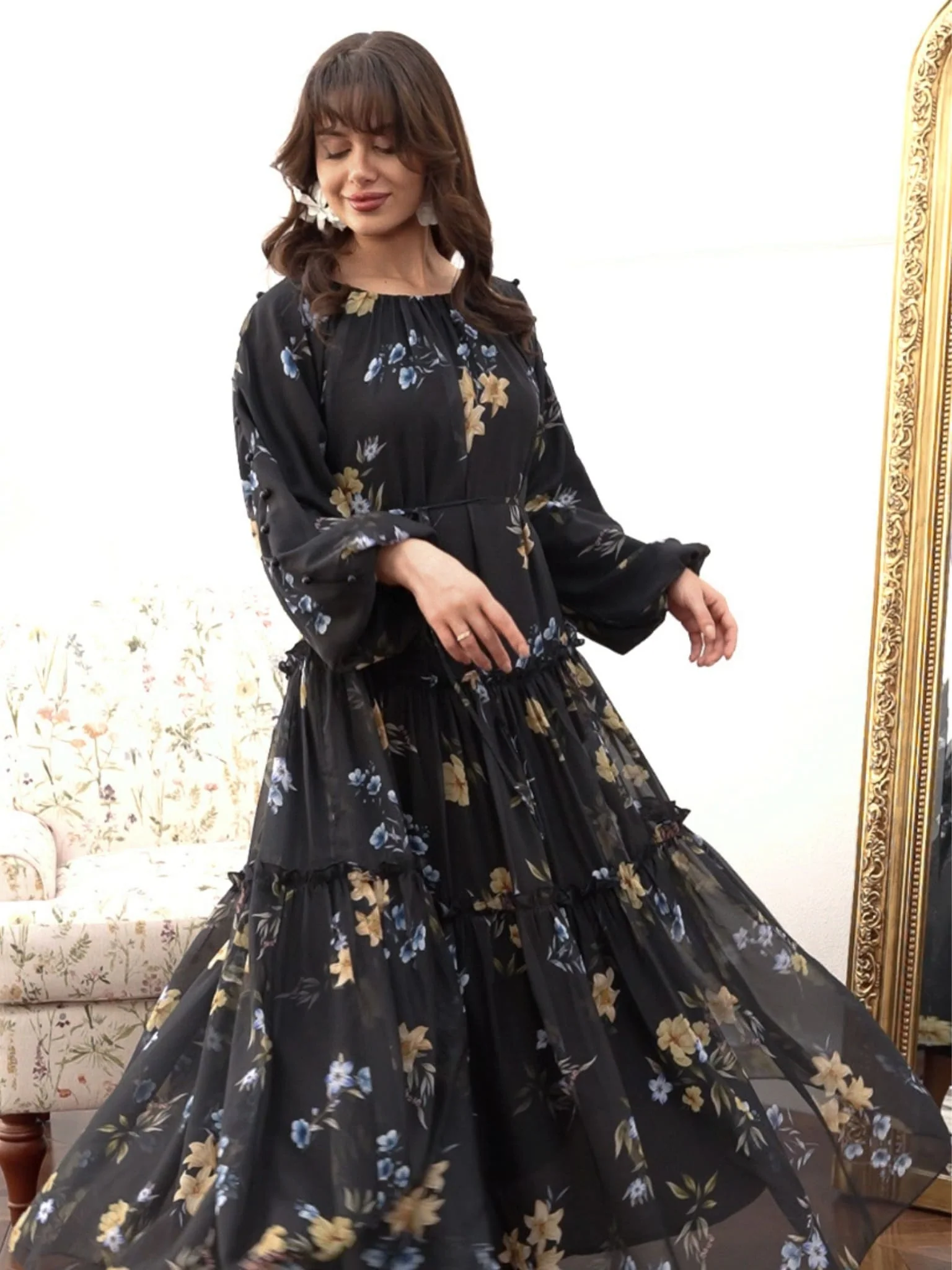 Aurema Black Floral Long Dress - Image 4