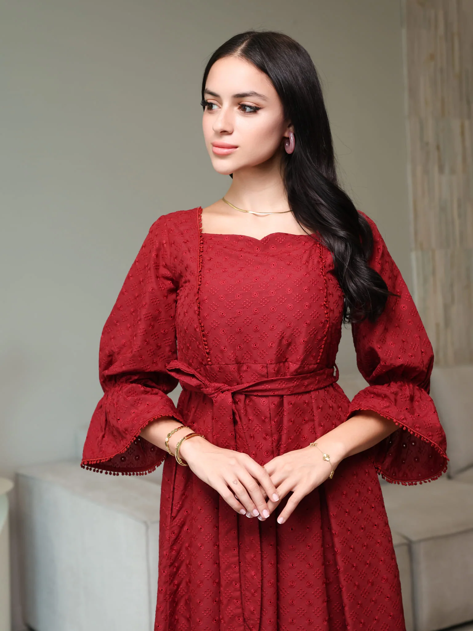 Avra Maroon Cutwork Dress - Image 5