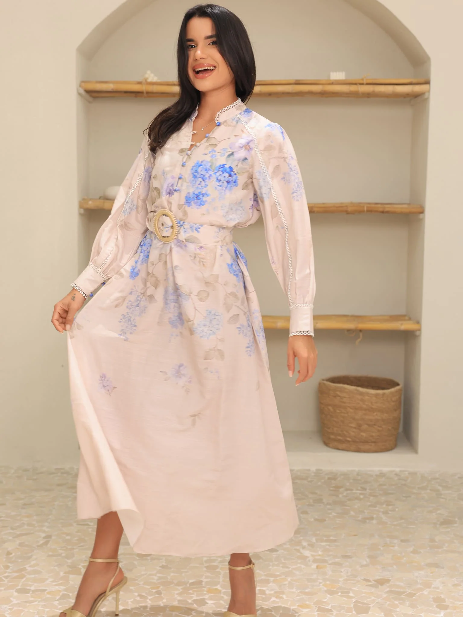 Bellina Blue Floral Buckle Long Dress - Image 7