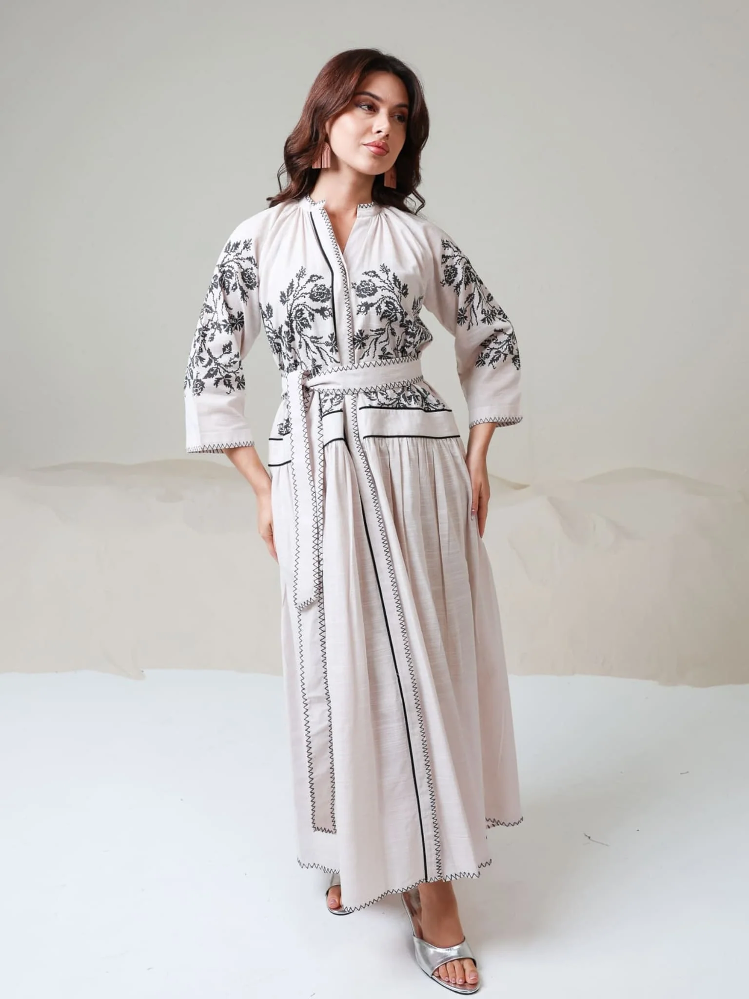 Black Eralis Printed Long Belted Dress