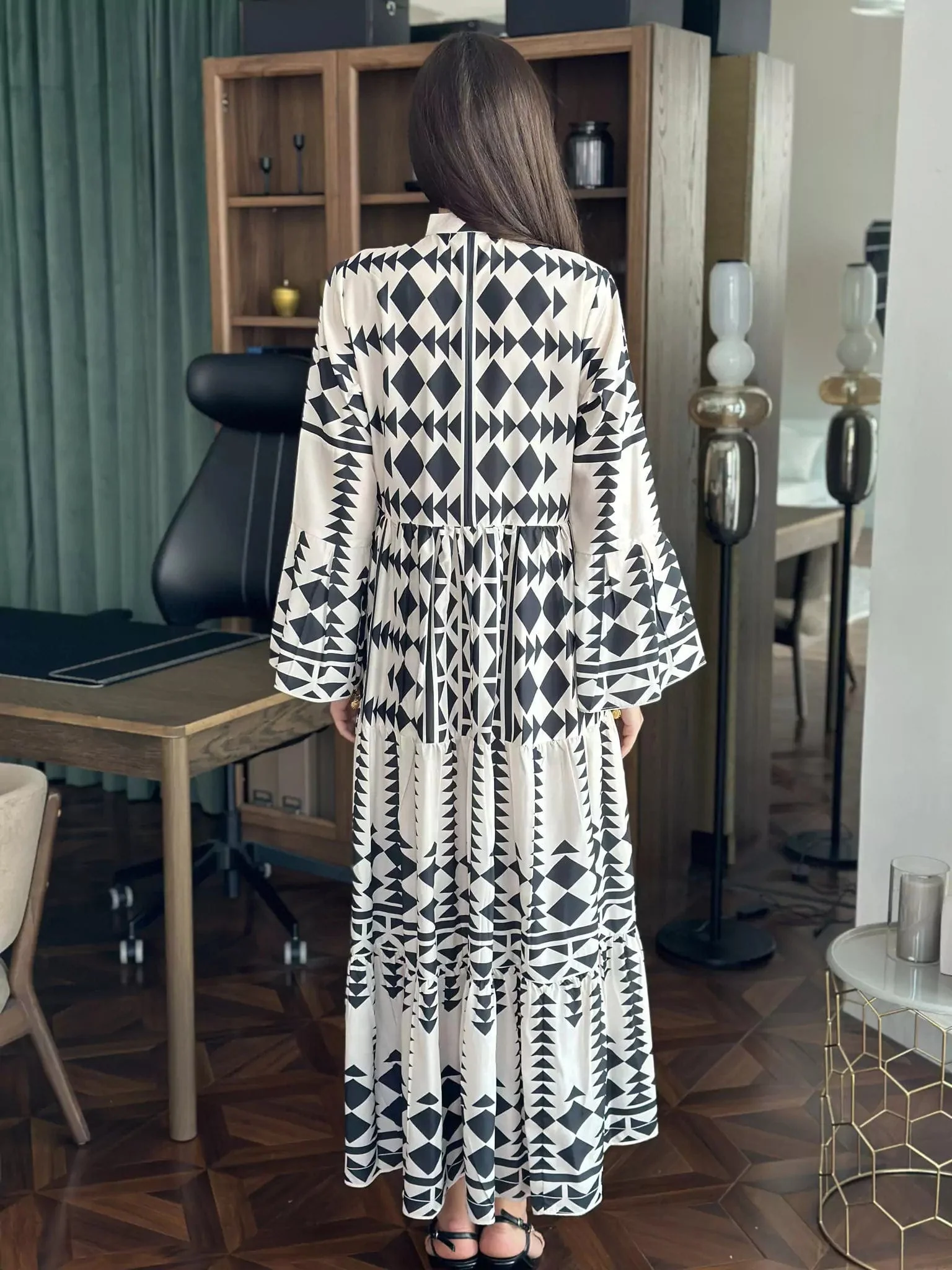 Black Merry Geometric Dress Black and White - Image 5
