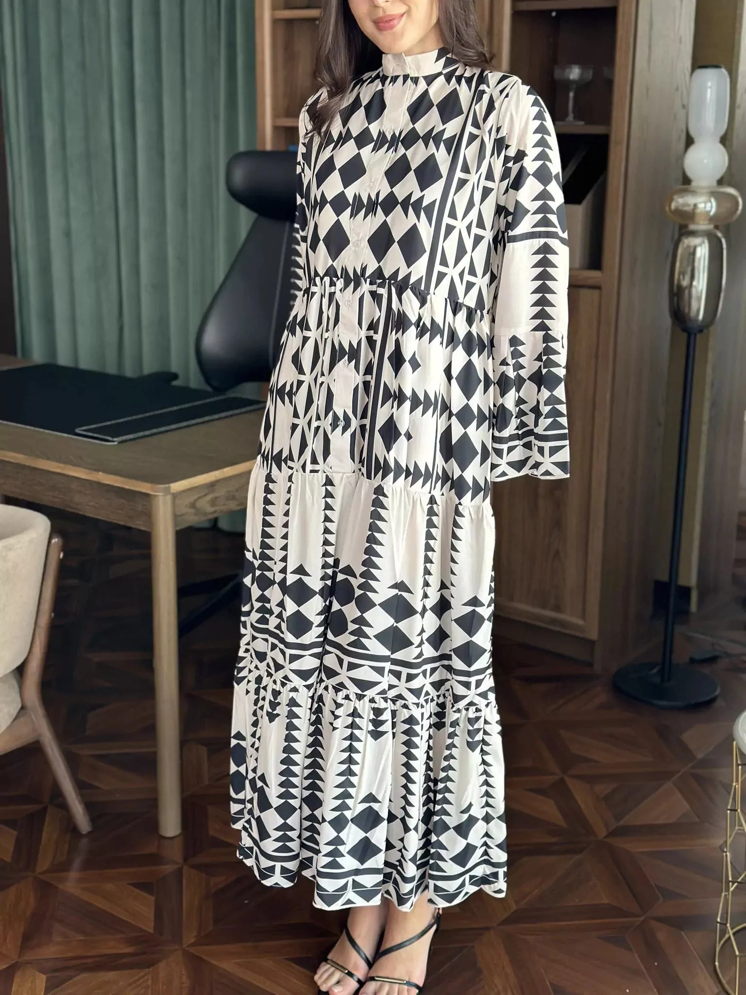 Black Merry Geometric Dress Black and White - Image 7
