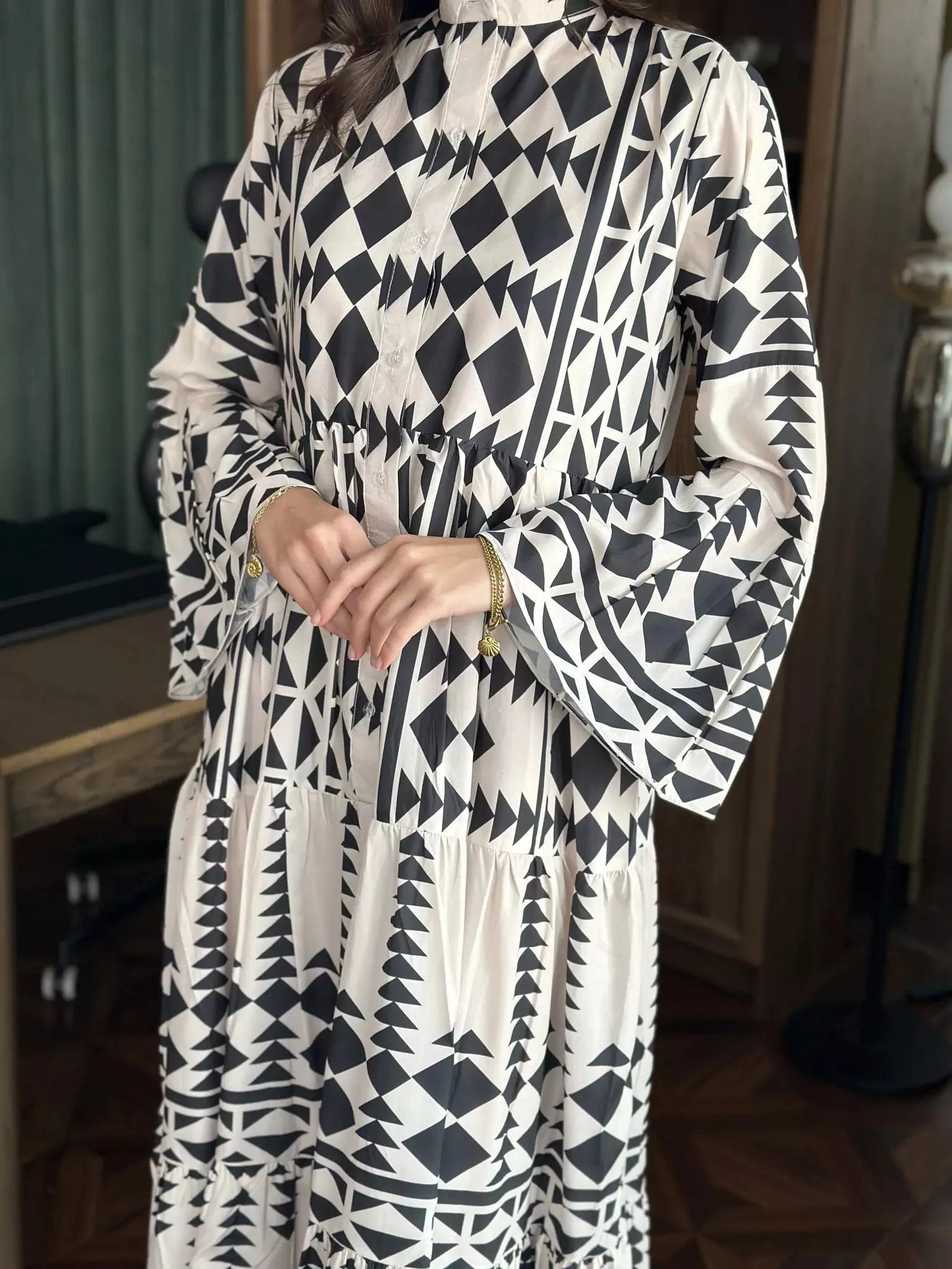 Black Merry Geometric Dress Black and White - Image 9