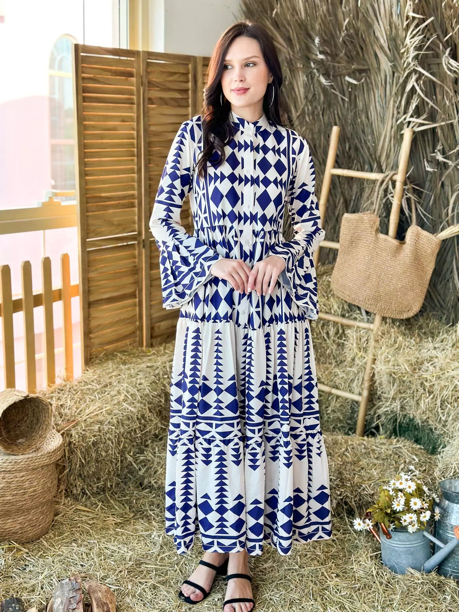 Blue Merry Geometric Dress - Blue and White - Image 10