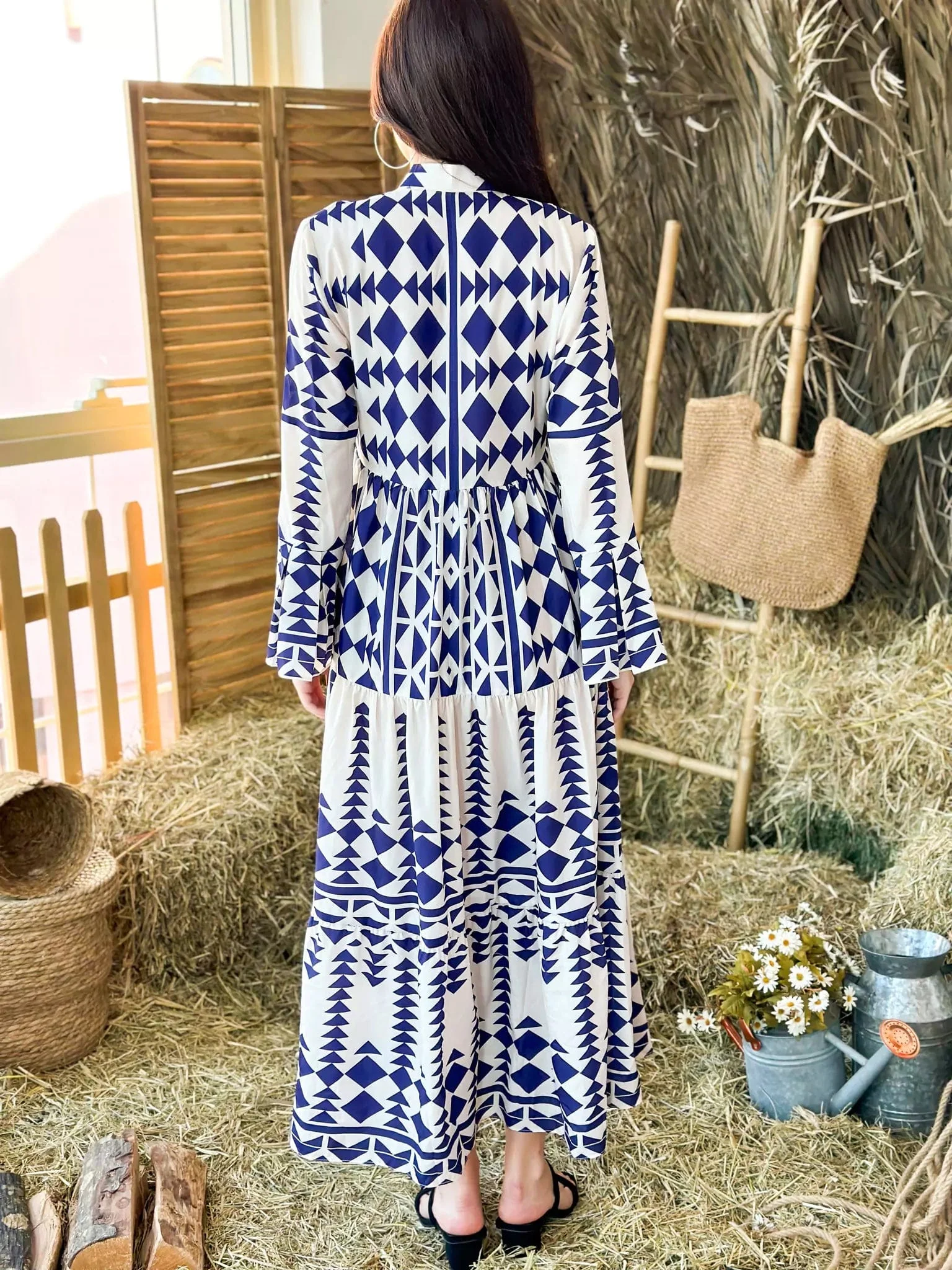 Blue Merry Geometric Dress - Blue and White - Image 4