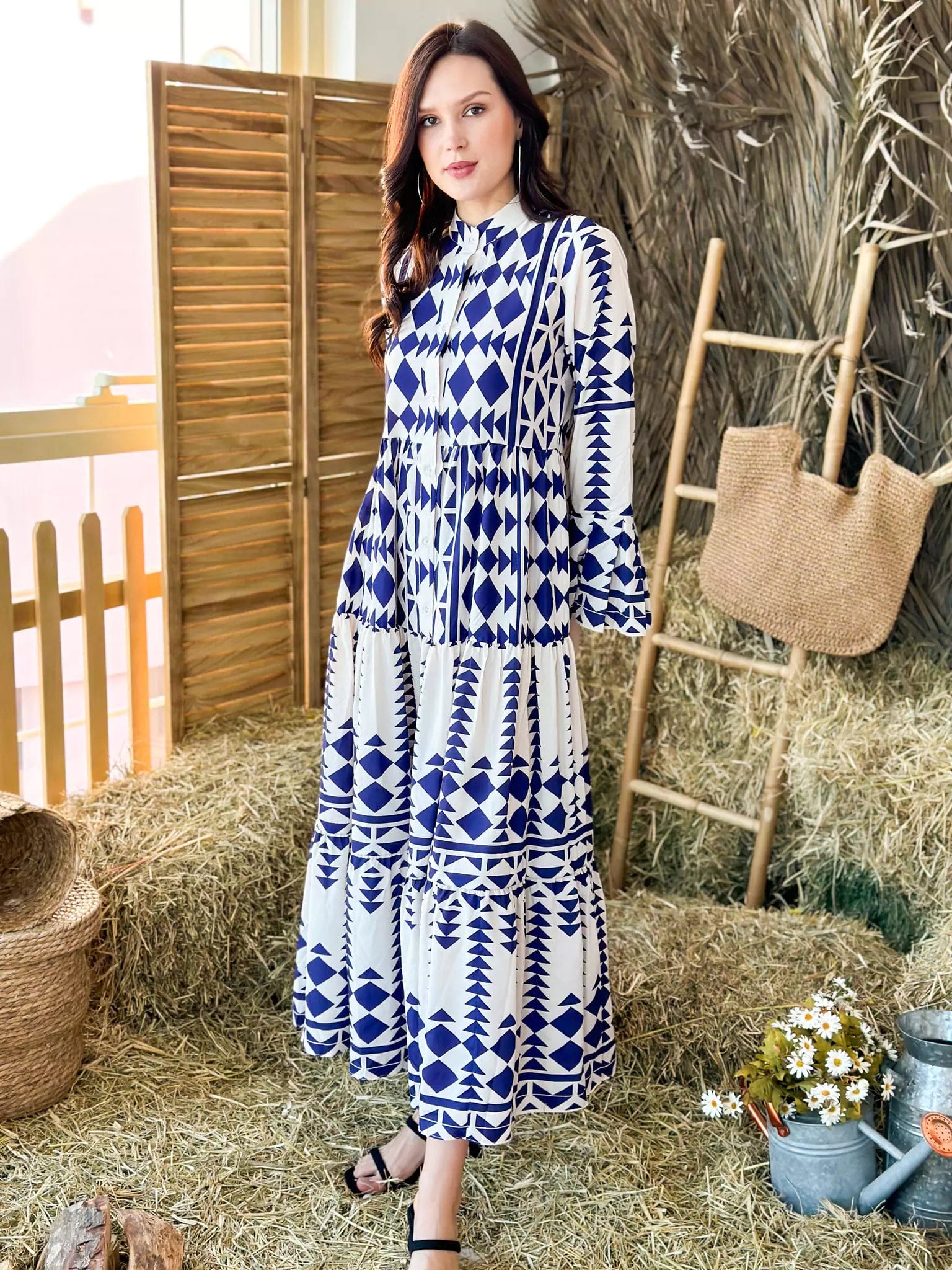 Blue Merry Geometric Dress - Blue and White - Image 6