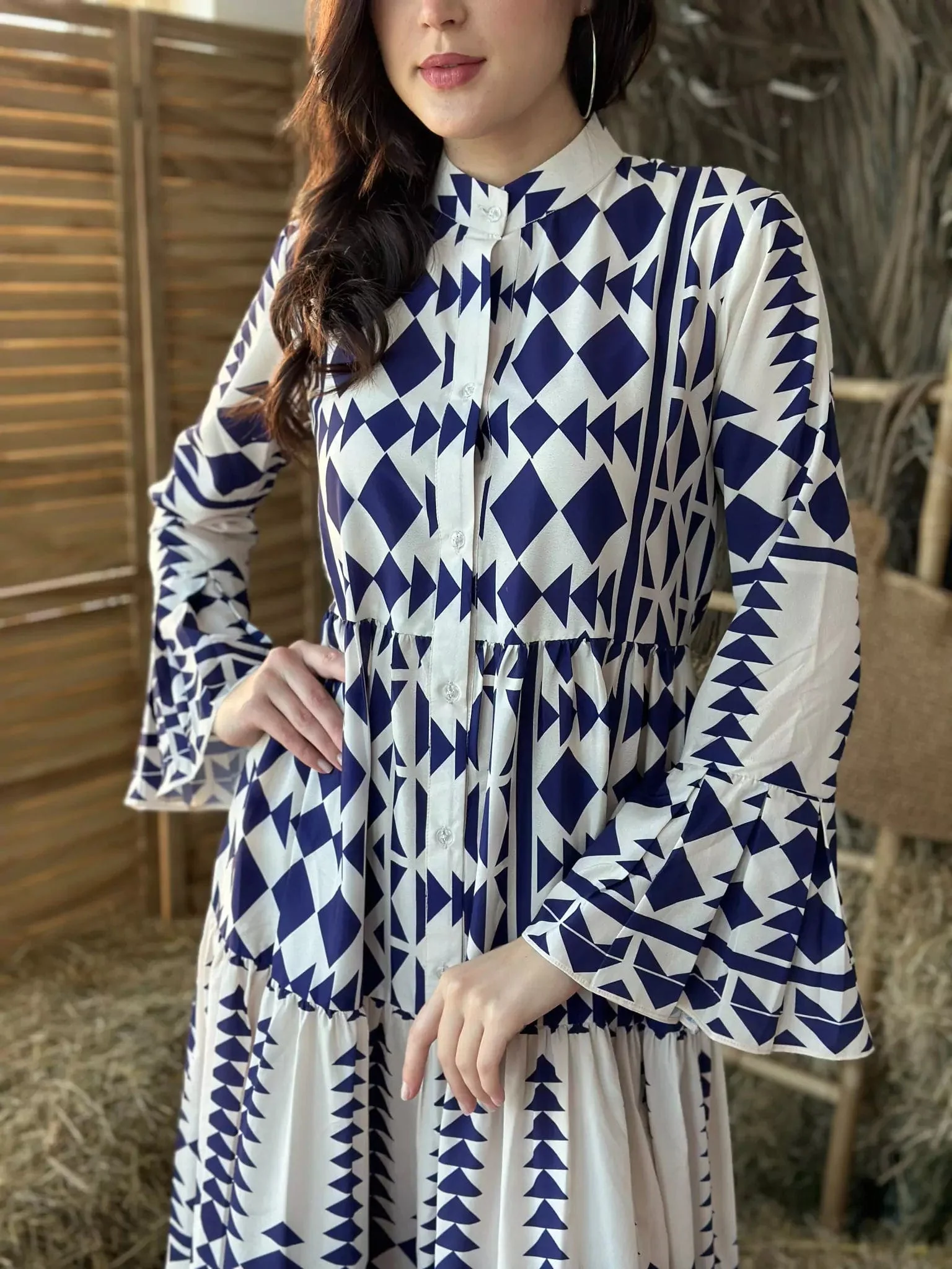 Blue Merry Geometric Dress - Blue and White - Image 7