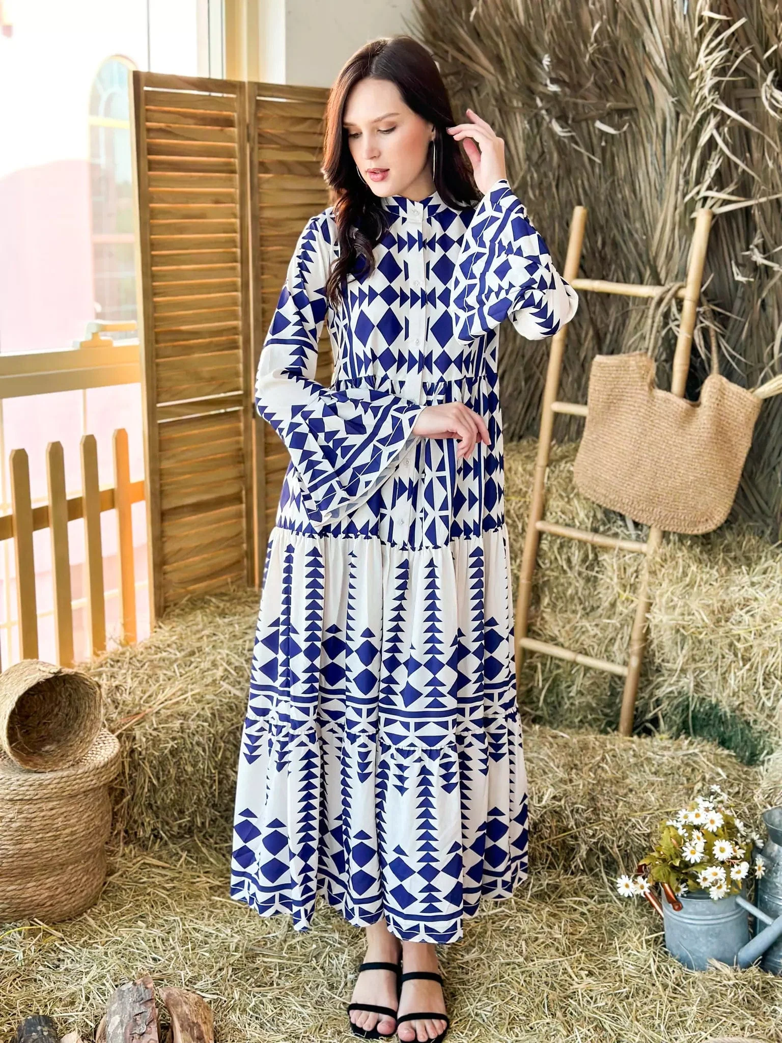 Blue Merry Geometric Dress - Blue and White - Image 8