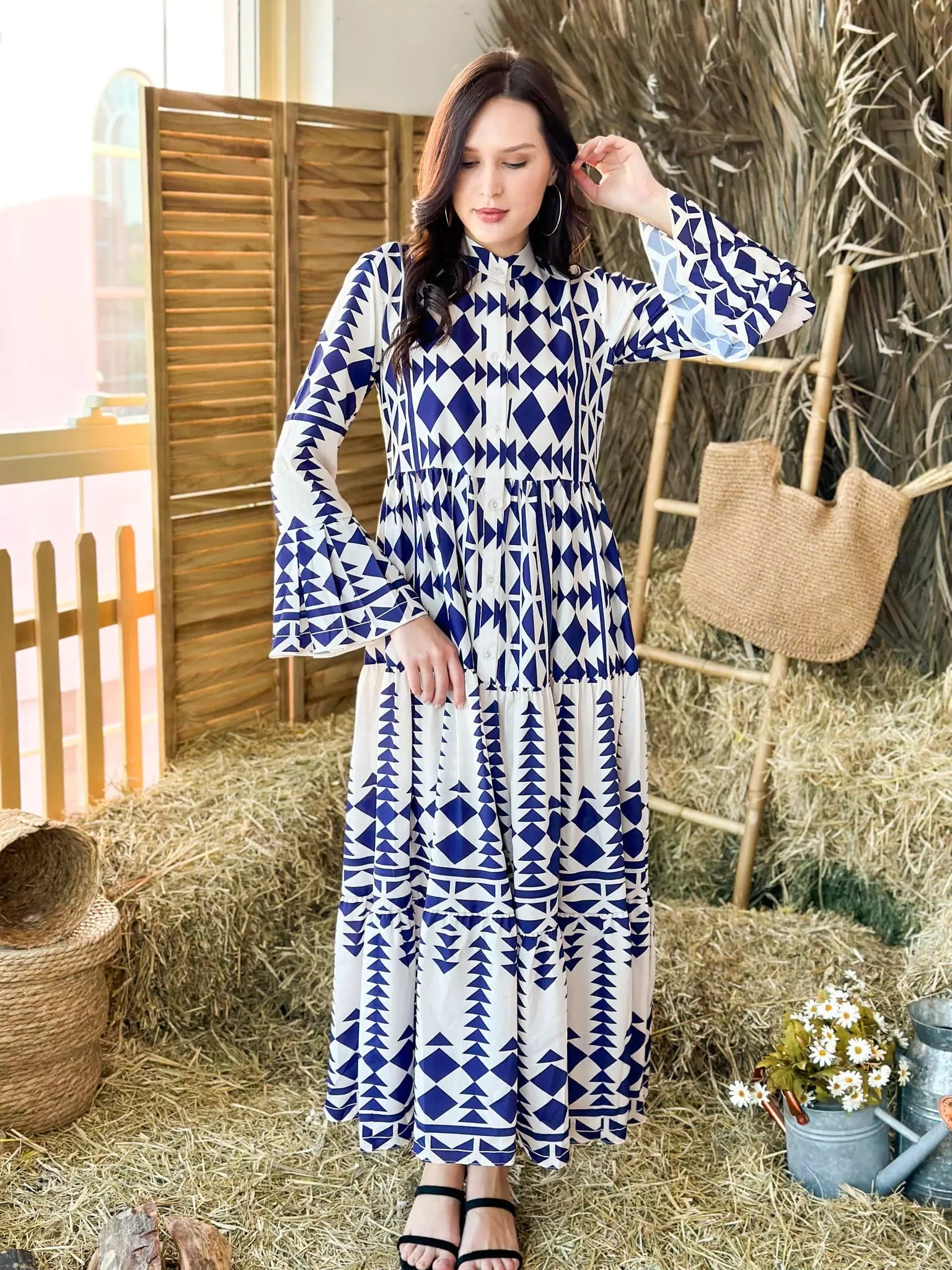 Blue Merry Geometric Dress - Blue and White - Image 9
