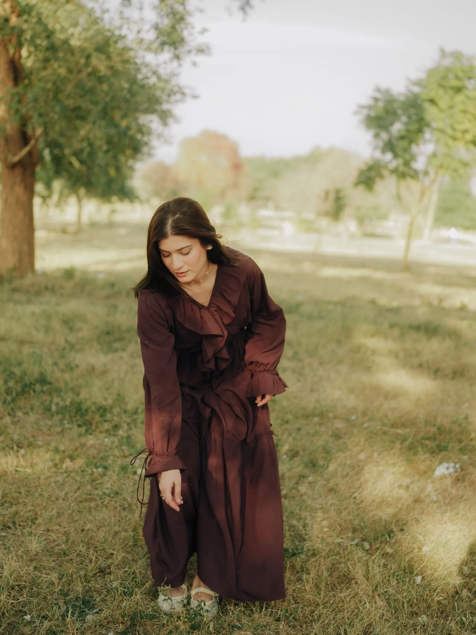 Bruna Brown Frill Long Dress - Image 13