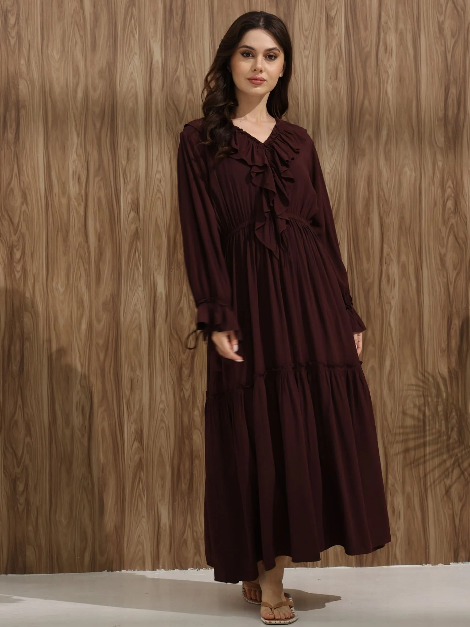Bruna Brown Frill Long Dress - Image 14