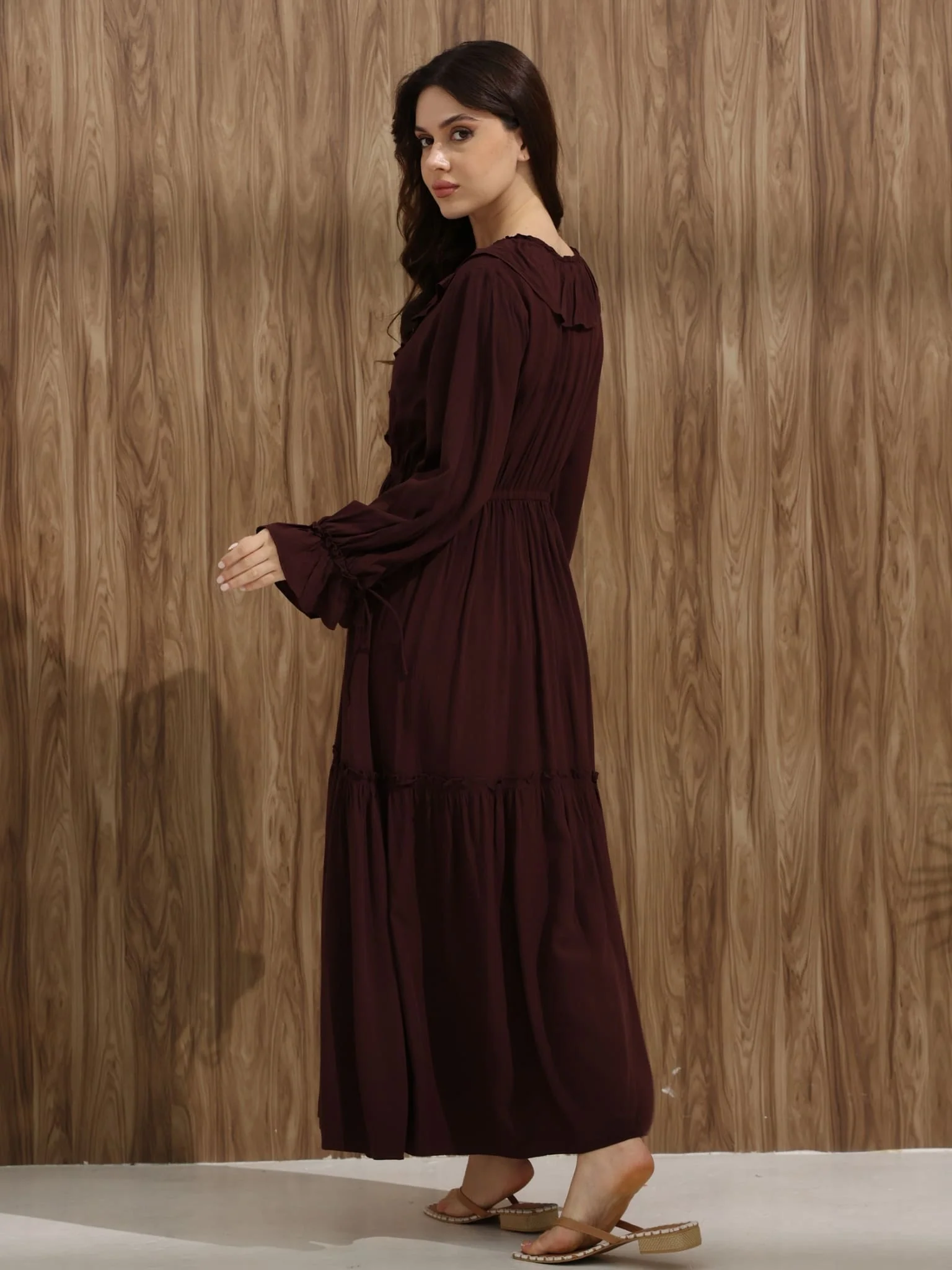 Bruna Brown Frill Long Dress - Image 15