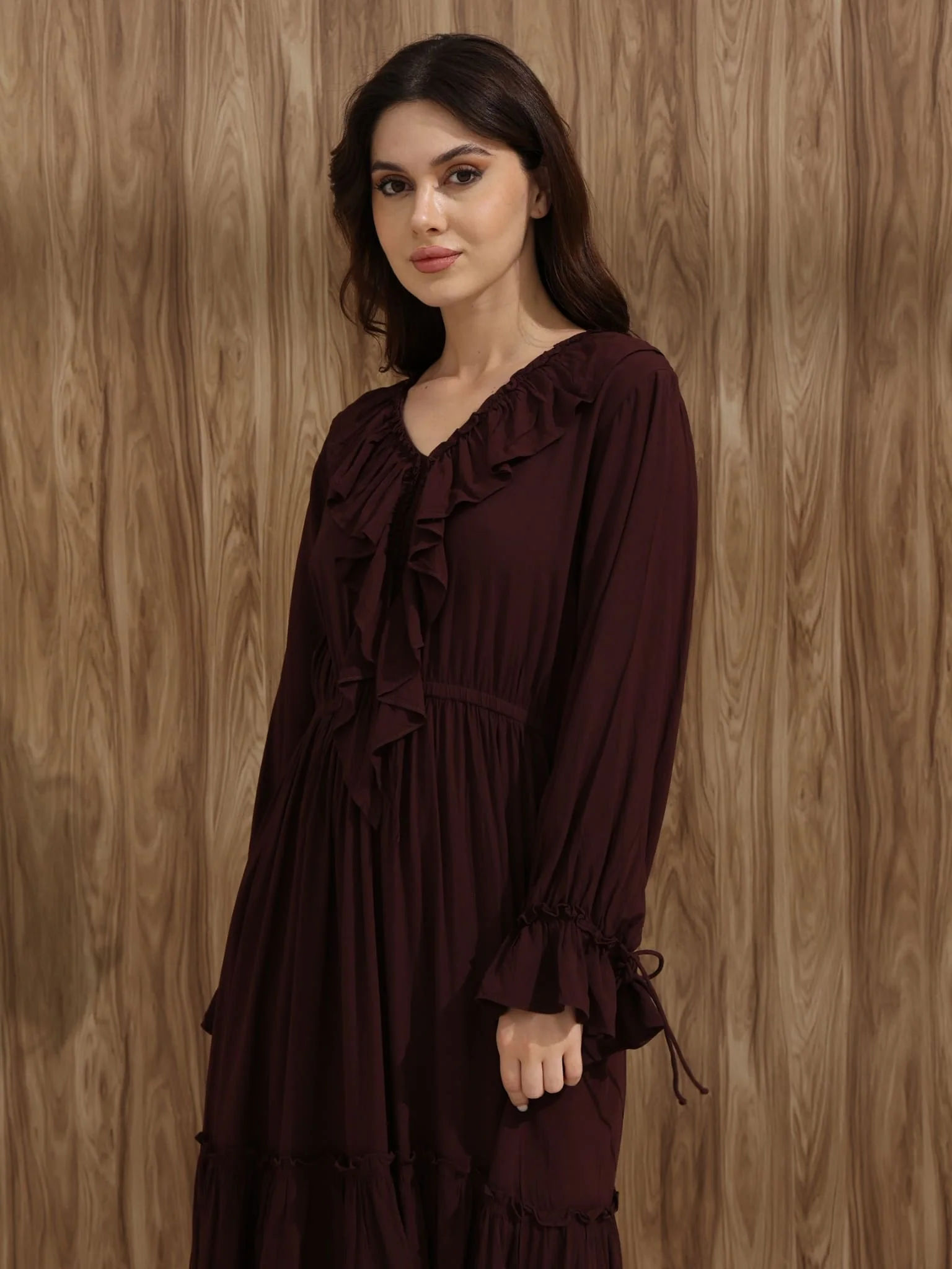 Bruna Brown Frill Long Dress - Image 17