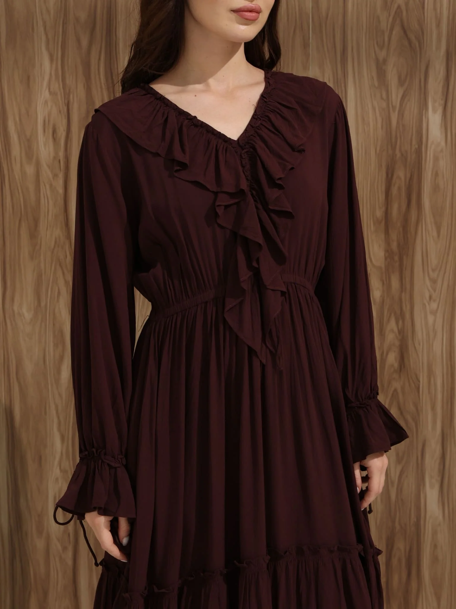 Bruna Brown Frill Long Dress - Image 18