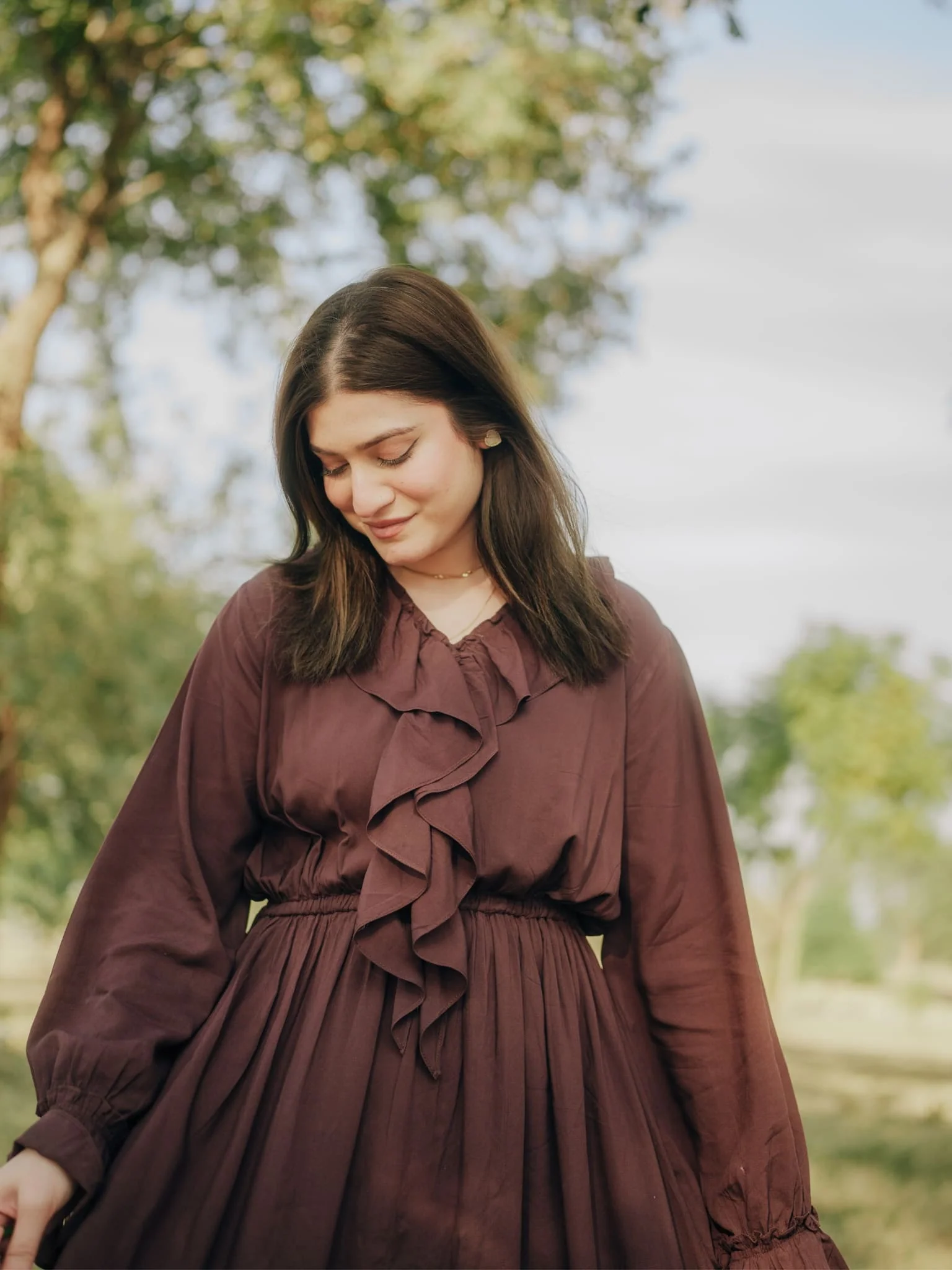 Bruna Brown Frill Long Dress - Image 3