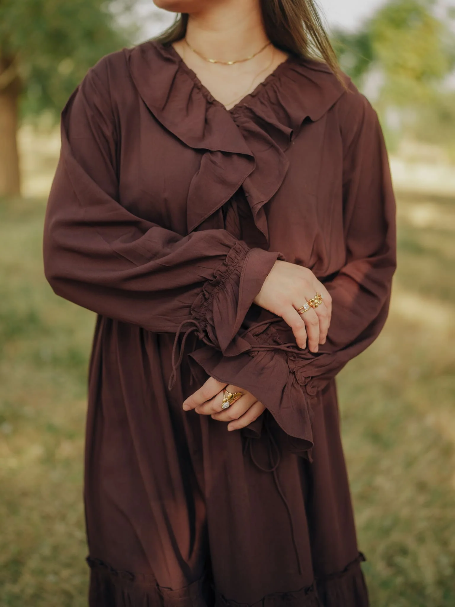 Bruna Brown Frill Long Dress - Image 5