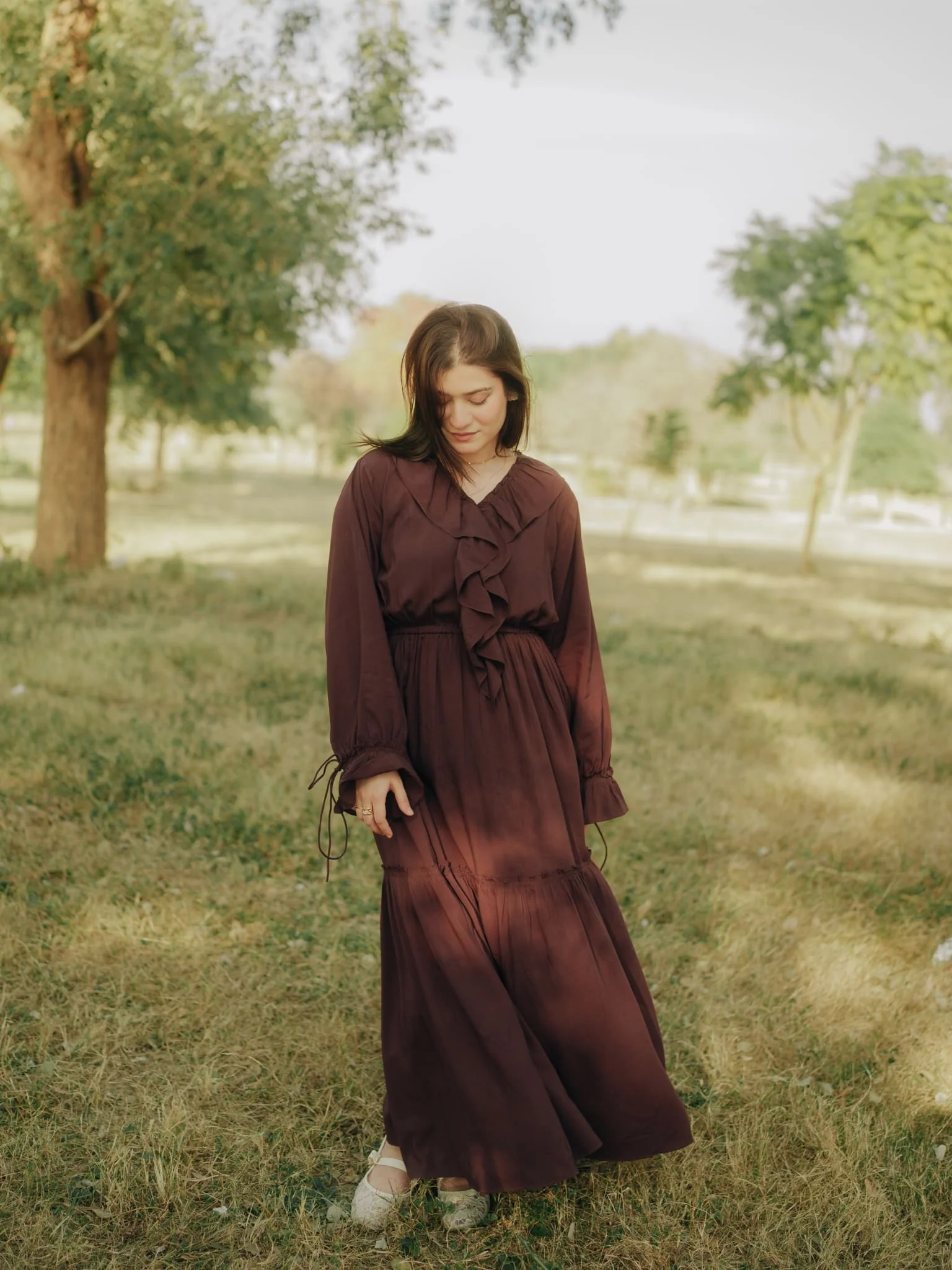 Bruna Brown Frill Long Dress - Image 7
