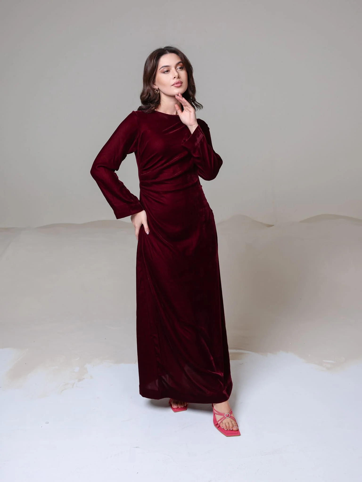Calista Maroon Velvet Dress - Image 8