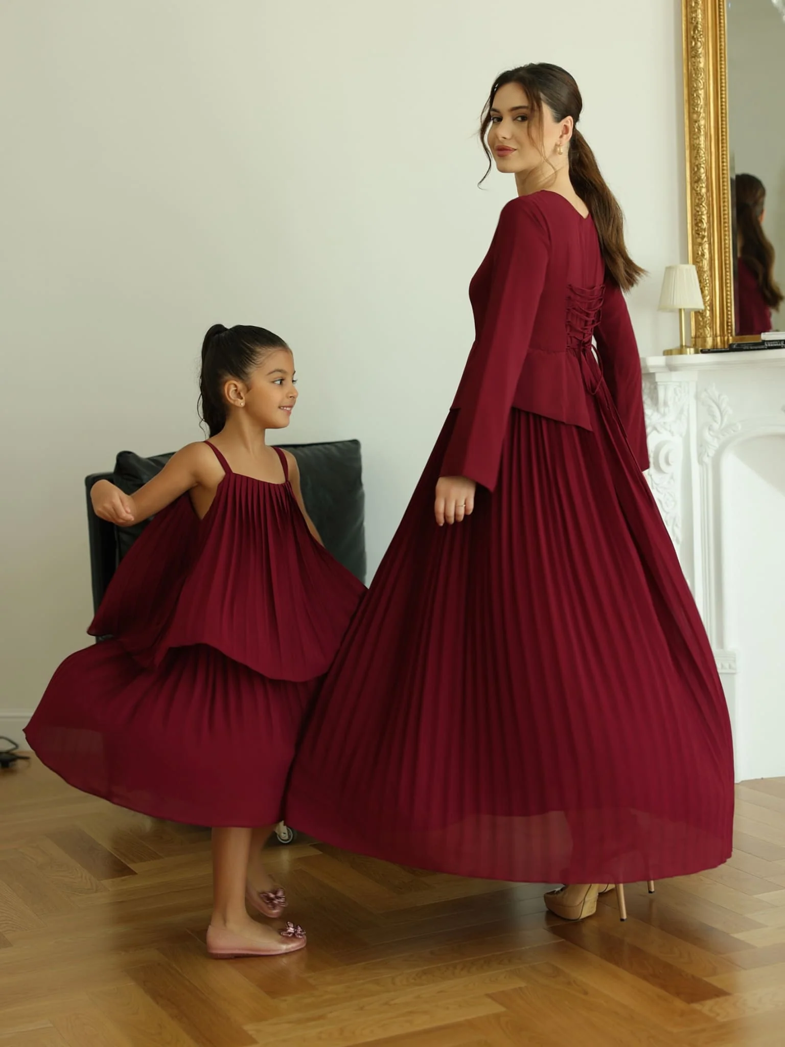 Mini Celestine Maroon Pleated Dress For Girls - Image 3