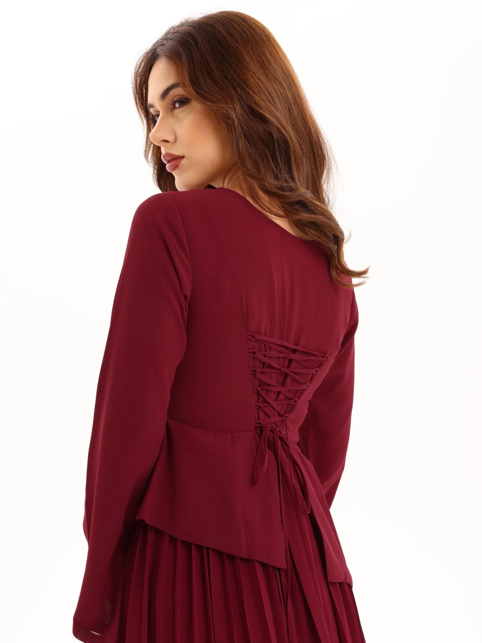 Celestine Maroon Pleated Long Dress - Image 11