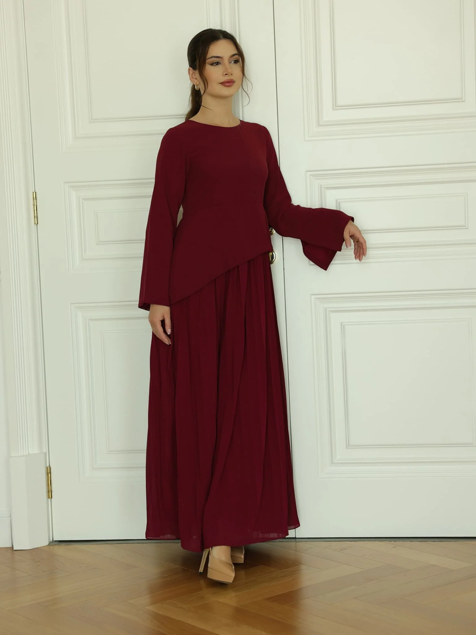 Celestine Maroon Pleated Long Dress - Image 12
