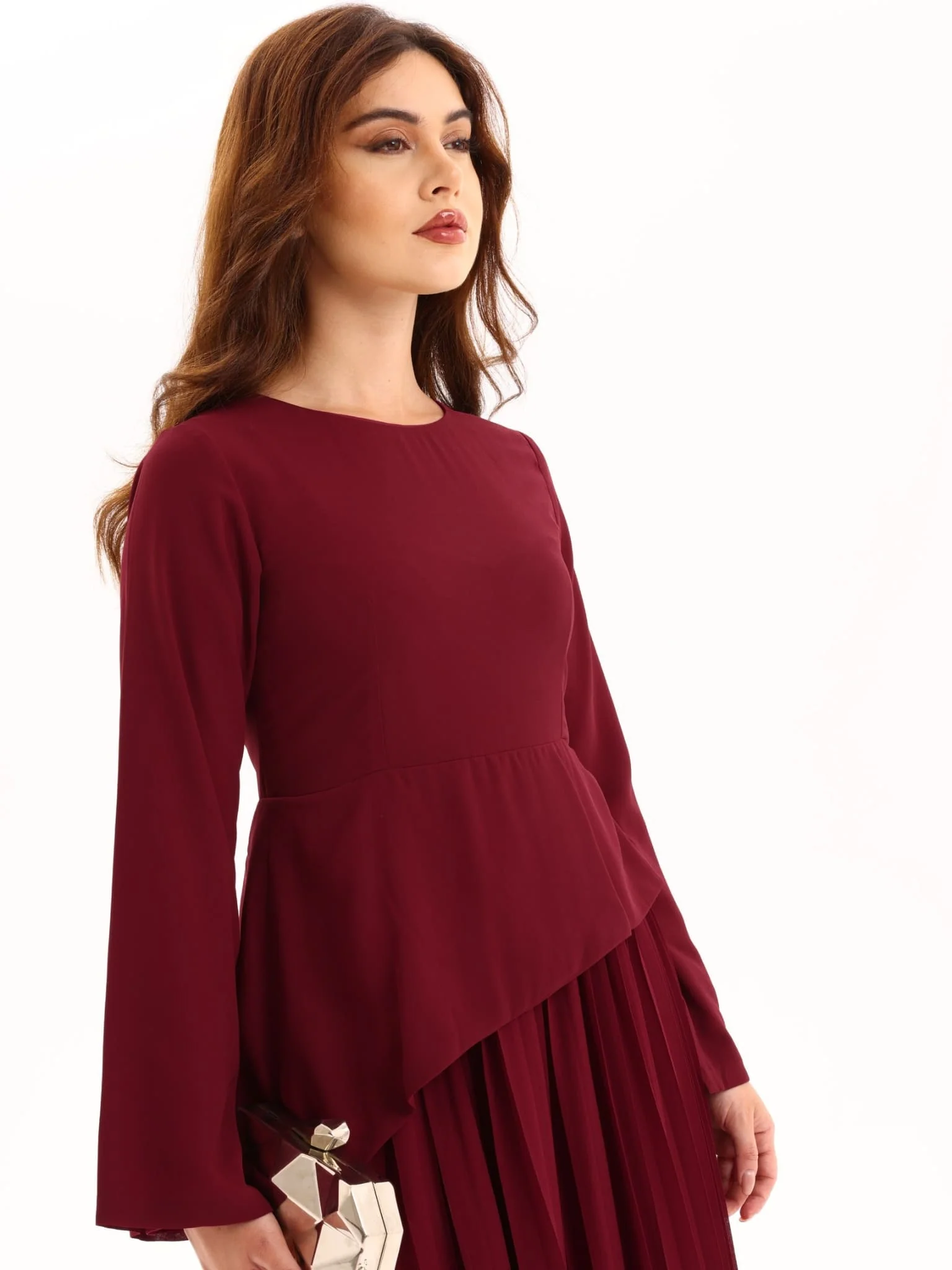 Celestine Maroon Pleated Long Dress - Image 13