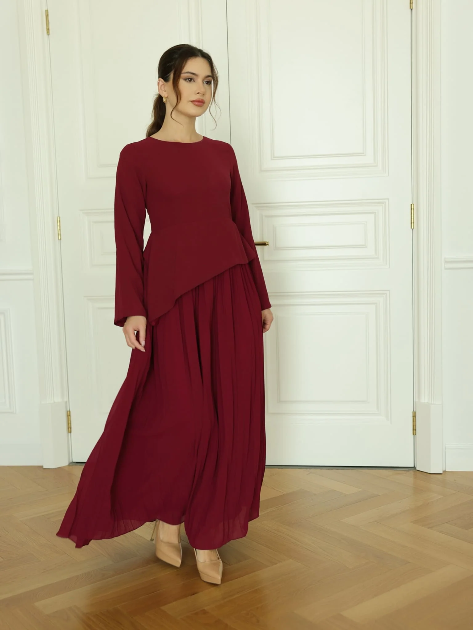 Celestine Maroon Pleated Long Dress - Image 14