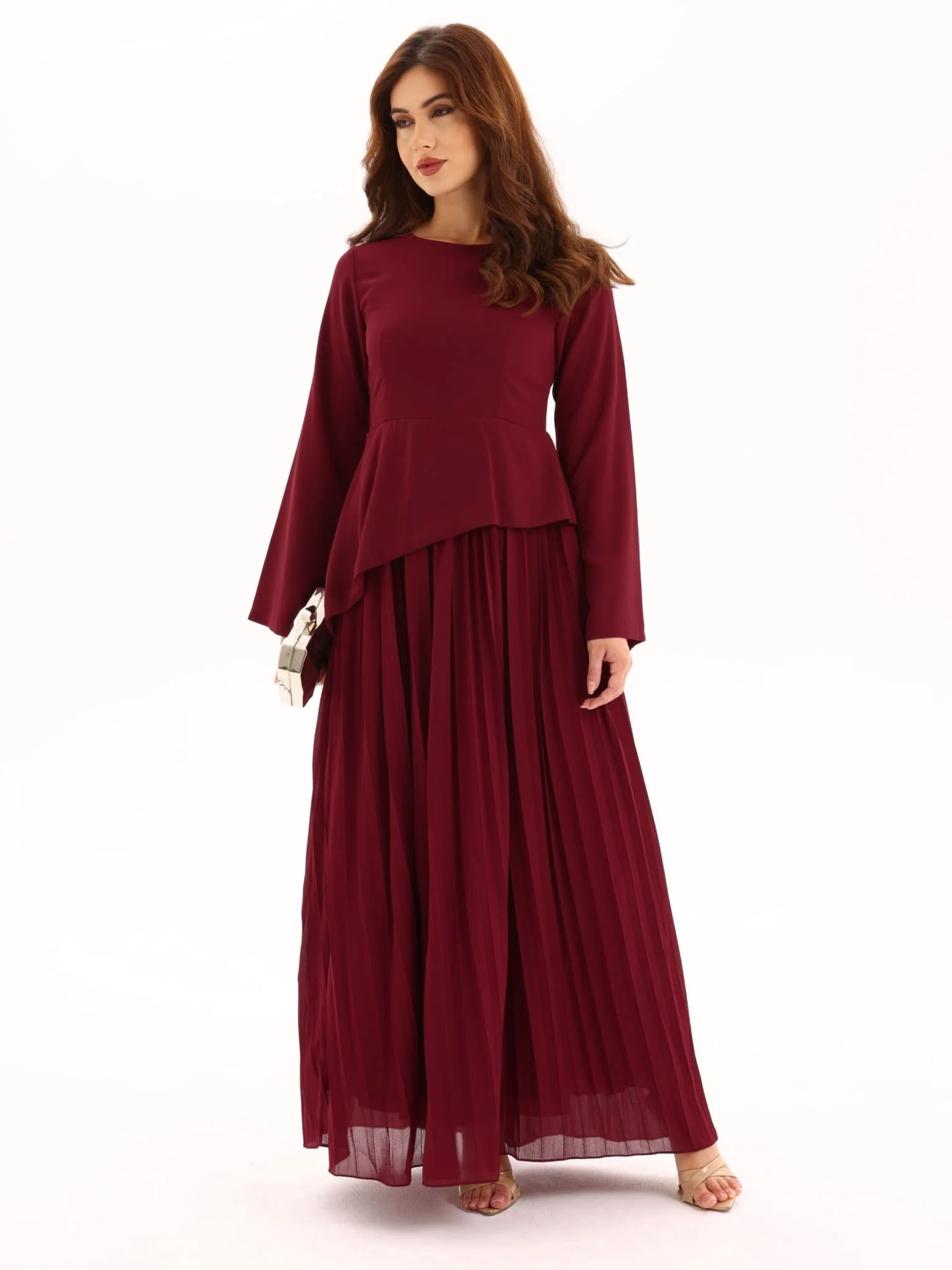 Celestine Maroon Pleated Long Dress - Image 15