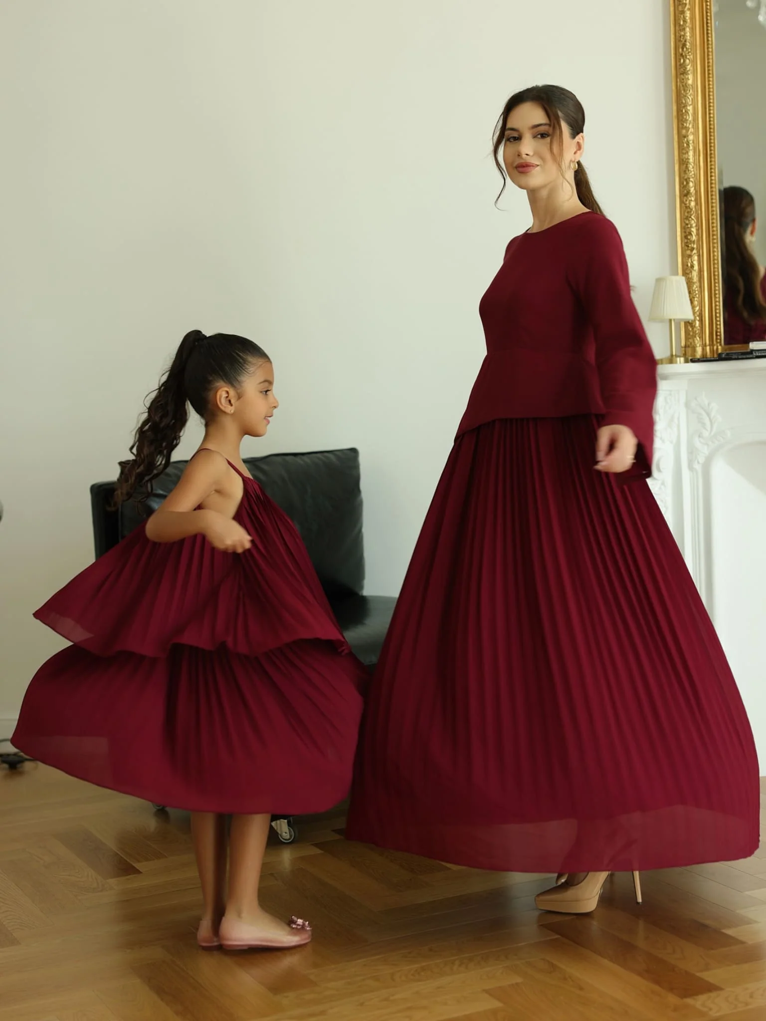 Mini Celestine Maroon Pleated Dress For Girls - Image 6