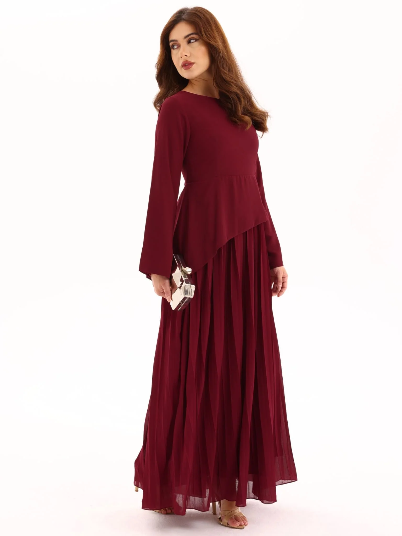 Celestine Maroon Pleated Long Dress - Image 17