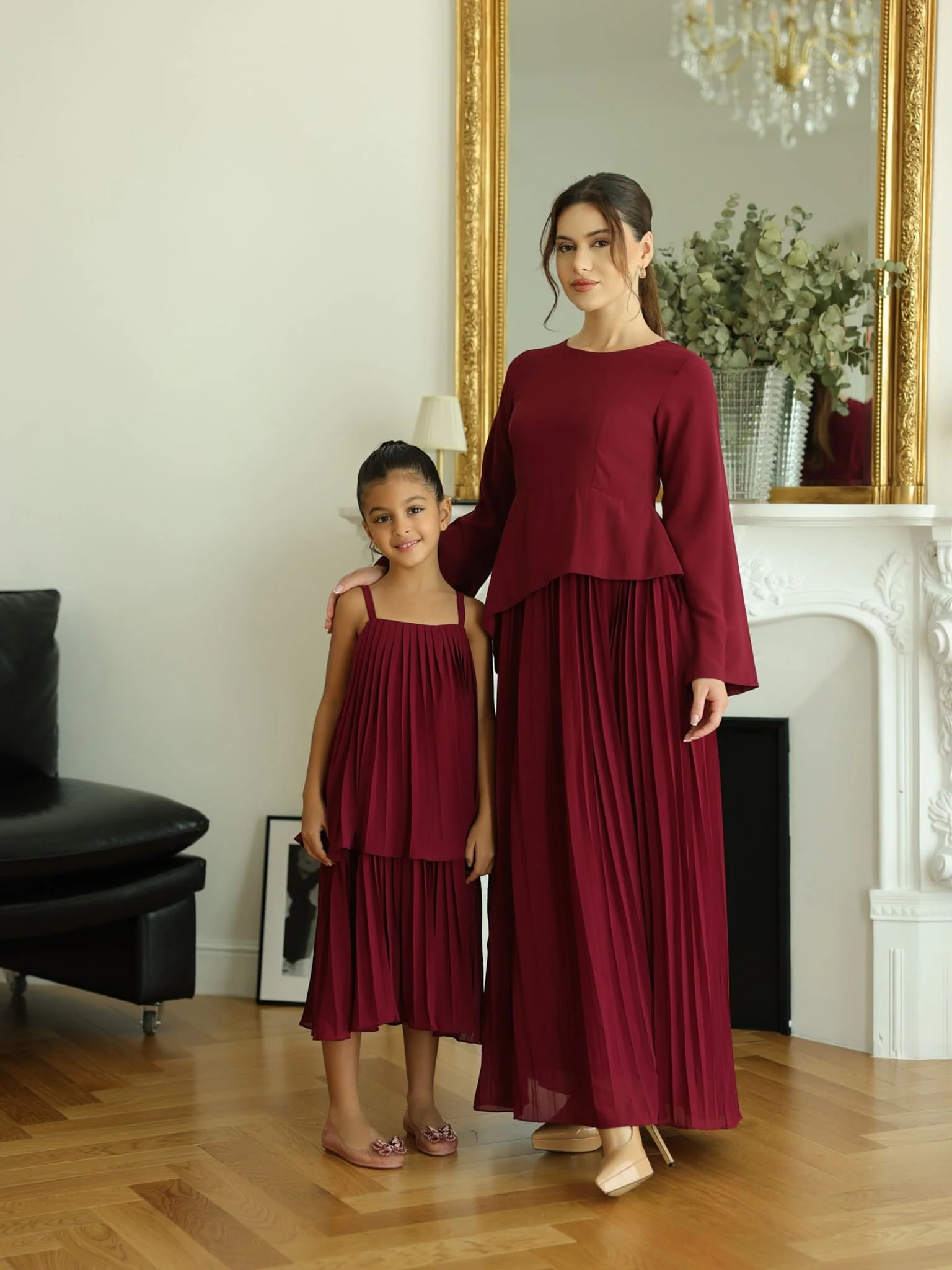 Mini Celestine Maroon Pleated Dress For Girls - Image 11