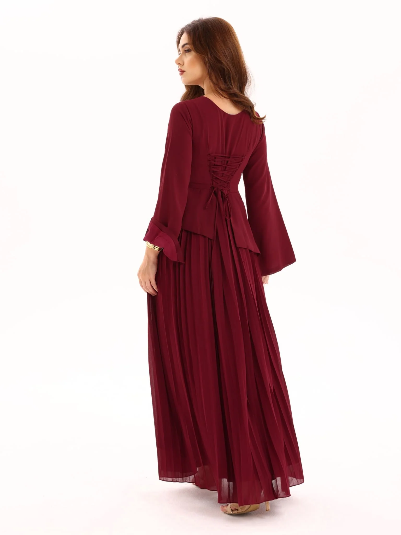Celestine Maroon Pleated Long Dress - Image 4