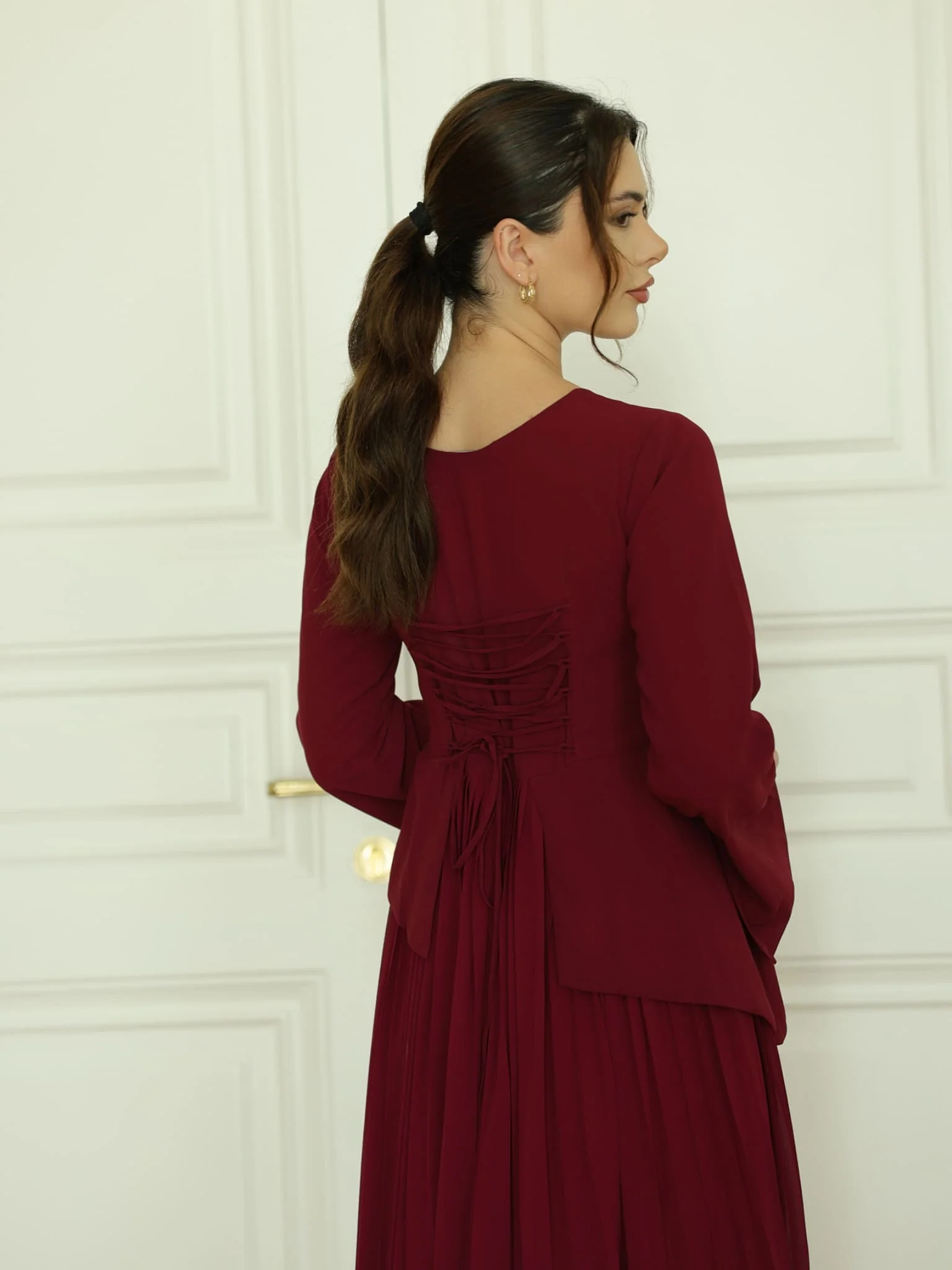 Celestine Maroon Pleated Long Dress - Image 5