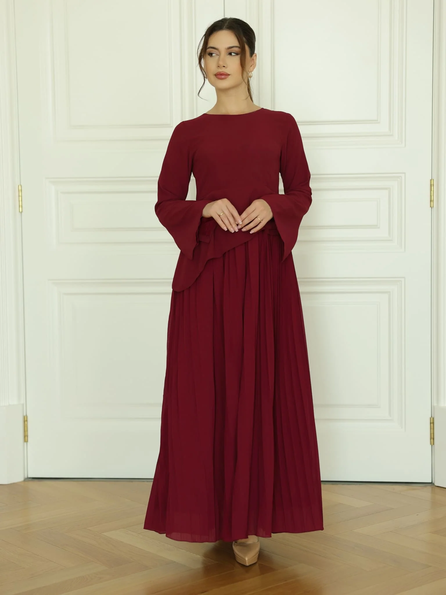 Celestine Maroon Pleated Long Dress - Image 6