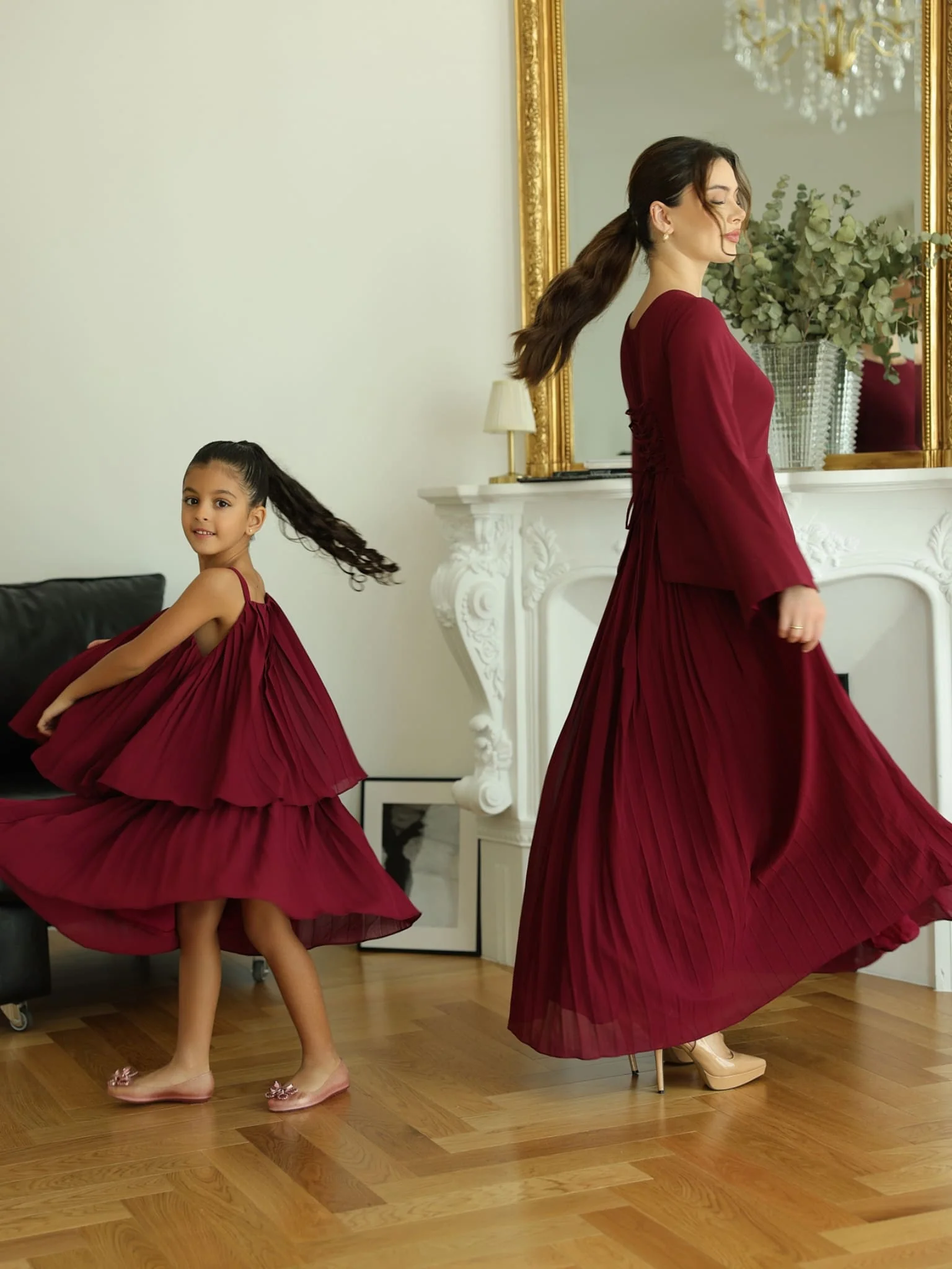 Mini Celestine Maroon Pleated Dress For Girls - Image 8