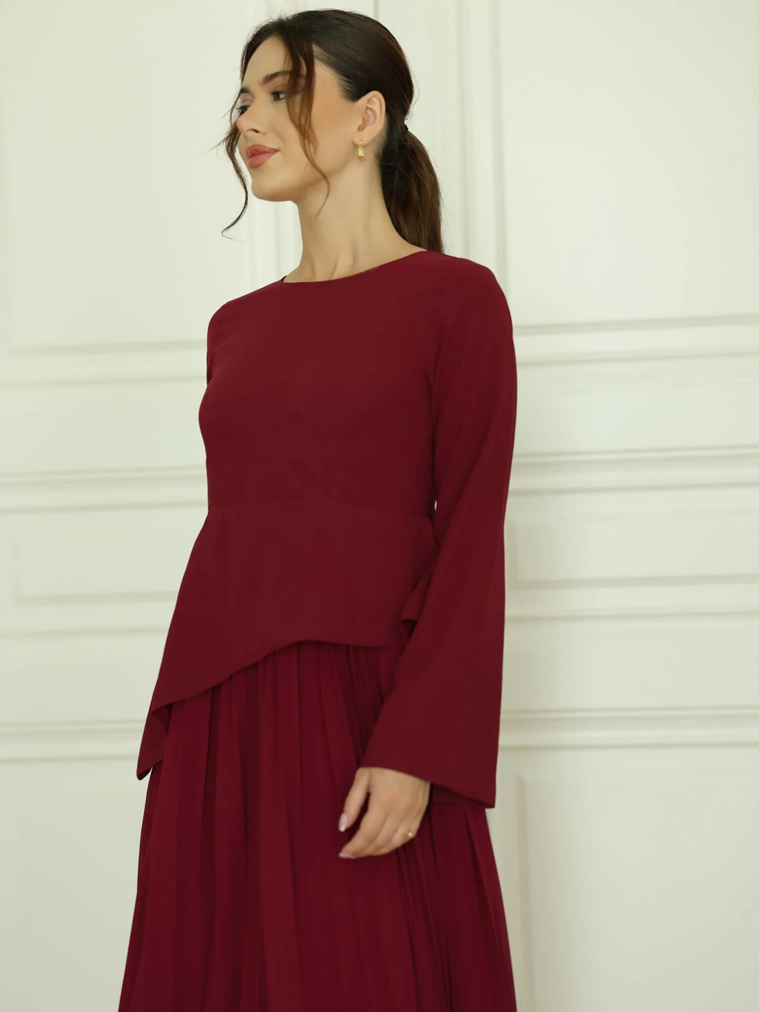 Celestine Maroon Pleated Long Dress - Image 8