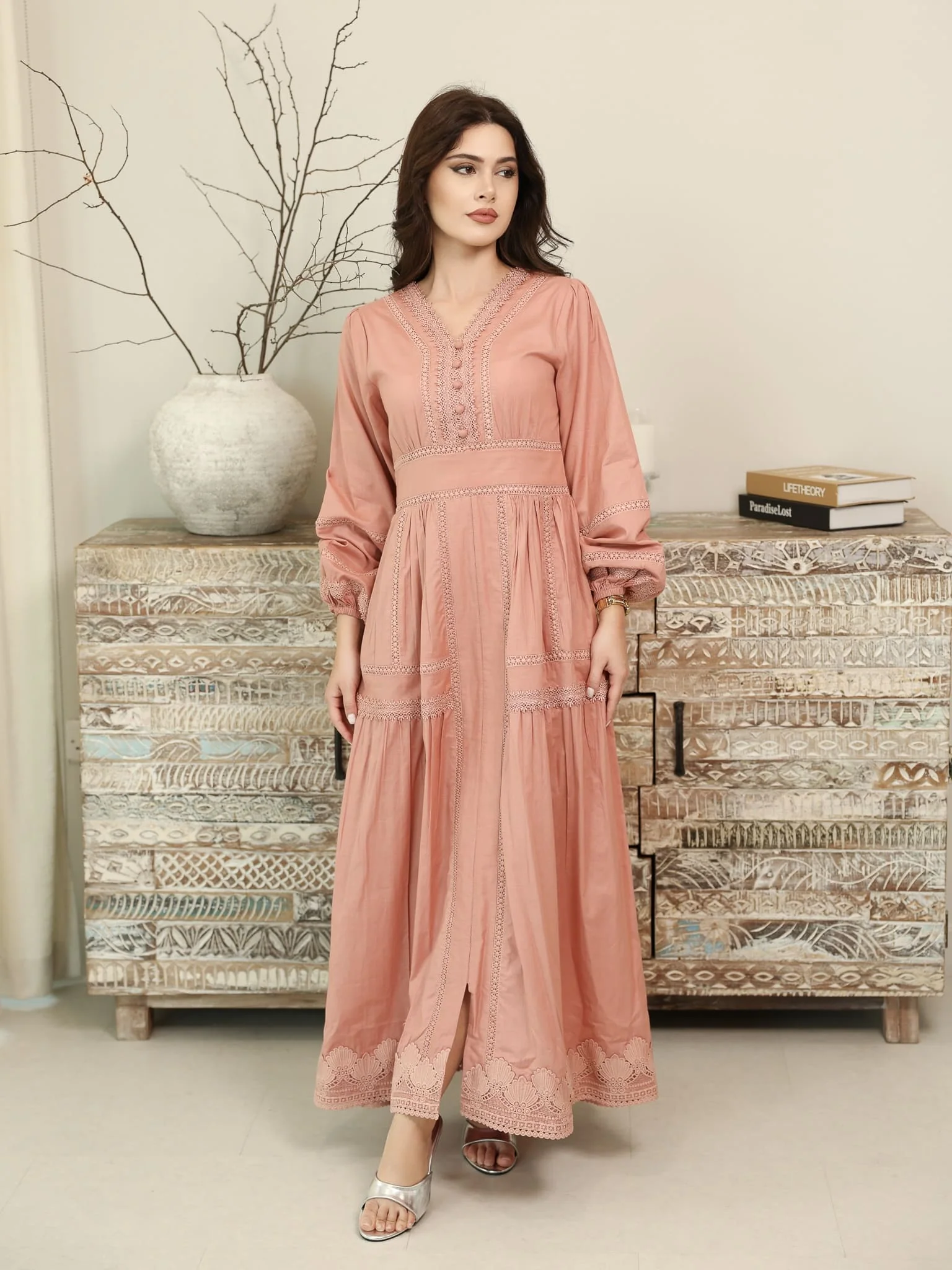 Celosia Peach Lace Long Dress - Image 3