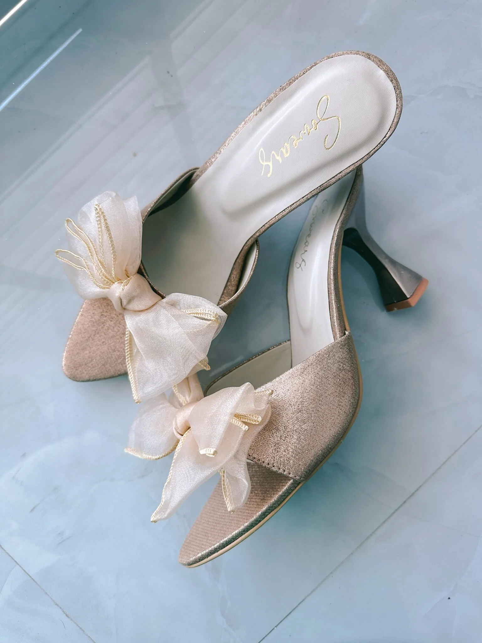 Champagne Heels With Bow Details - Image 3