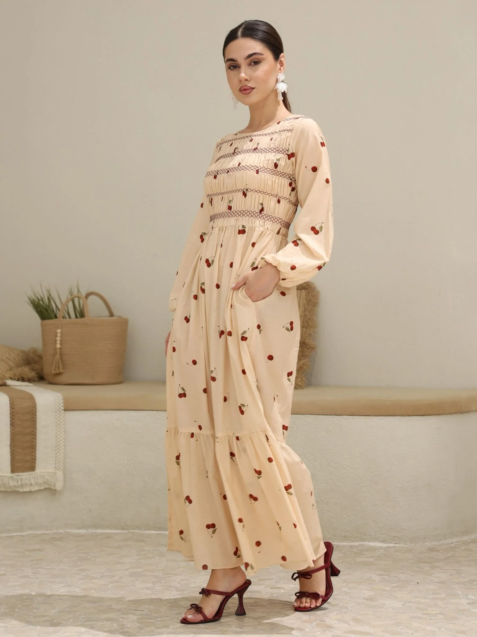 Cherry Luxe Smocked Printed Summer Dress - Image 5