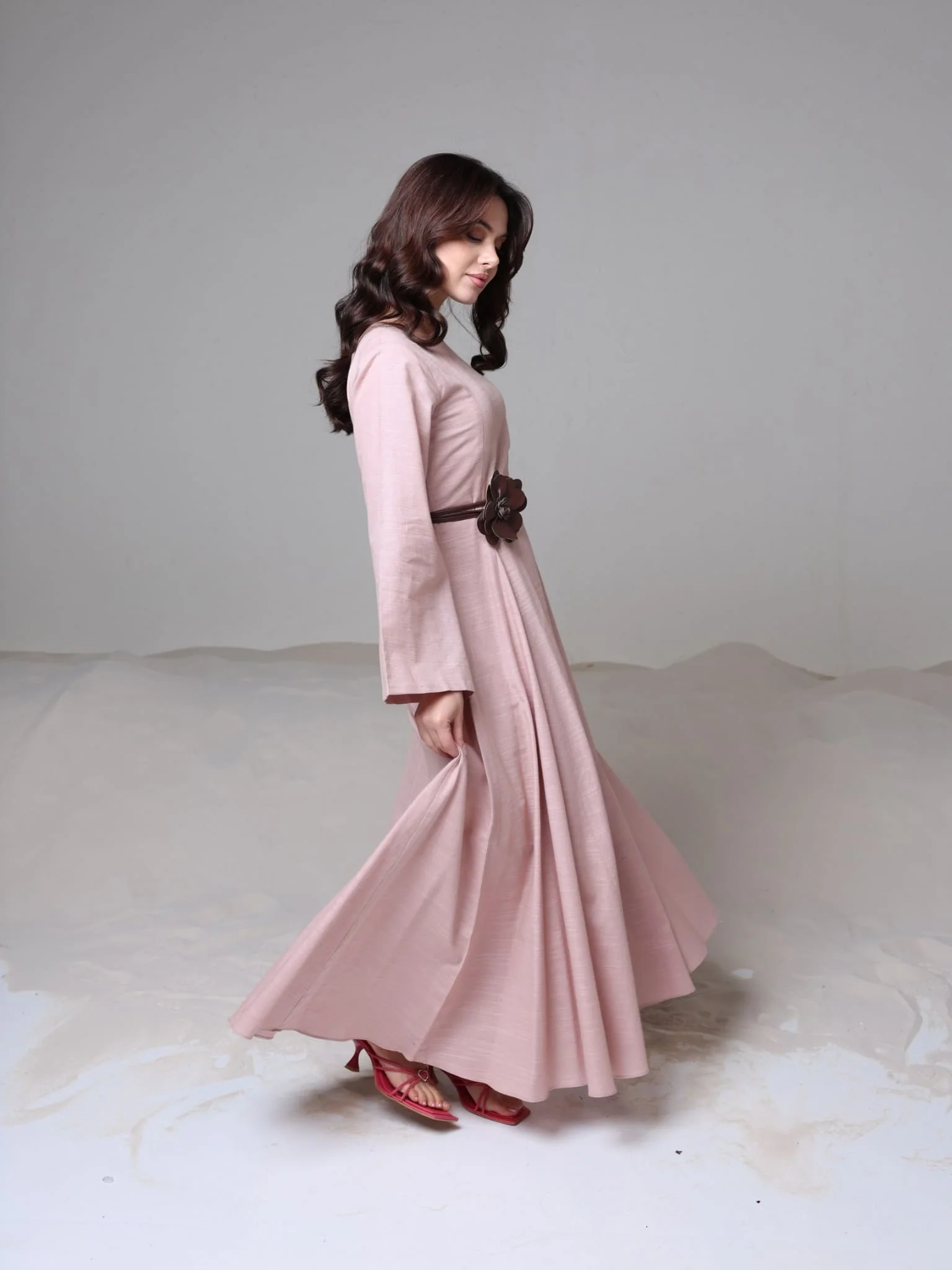 Corrina Peach Panel Dress With Brown Flower Belt - Image 10