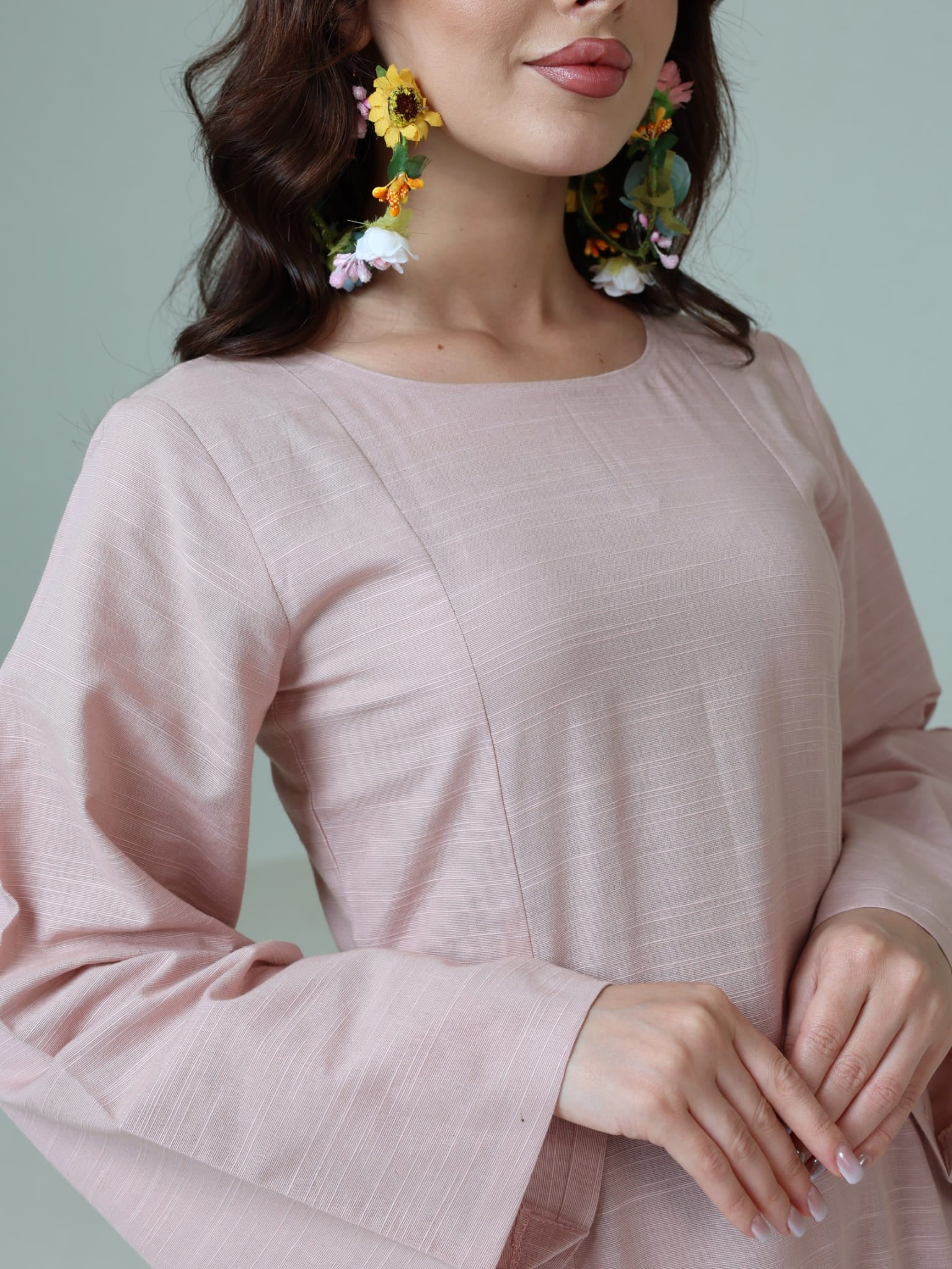 Corrina Peach Panel Dress With Brown Flower Belt - Image 11