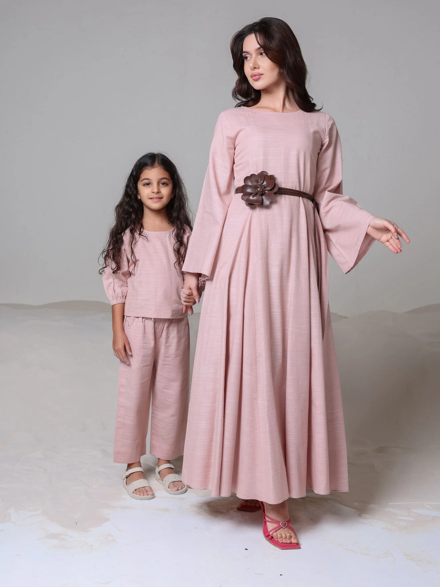 Corrina Peach Panel Dress With Brown Flower Belt - Image 12