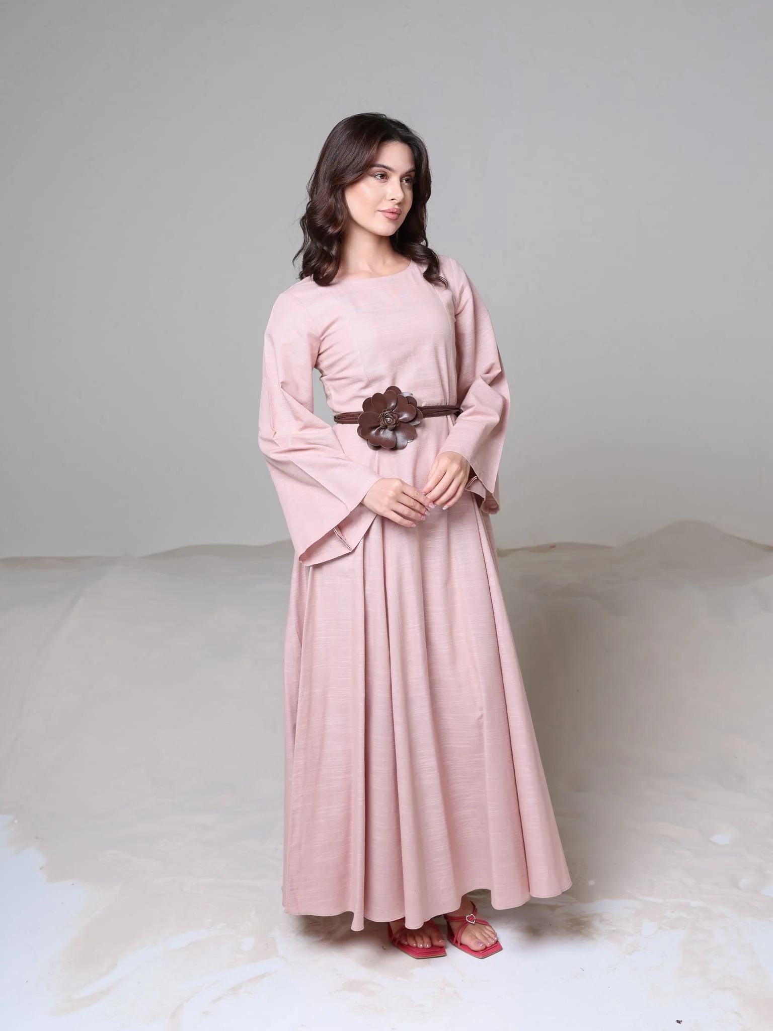 Corrina Peach Panel Dress With Brown Flower Belt - Image 14