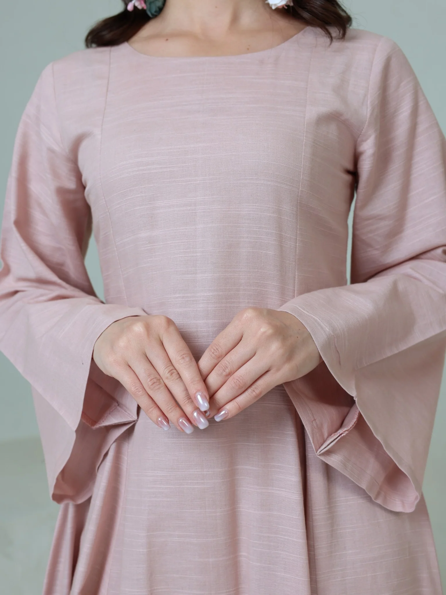 Corrina Peach Panel Dress With Brown Flower Belt - Image 15
