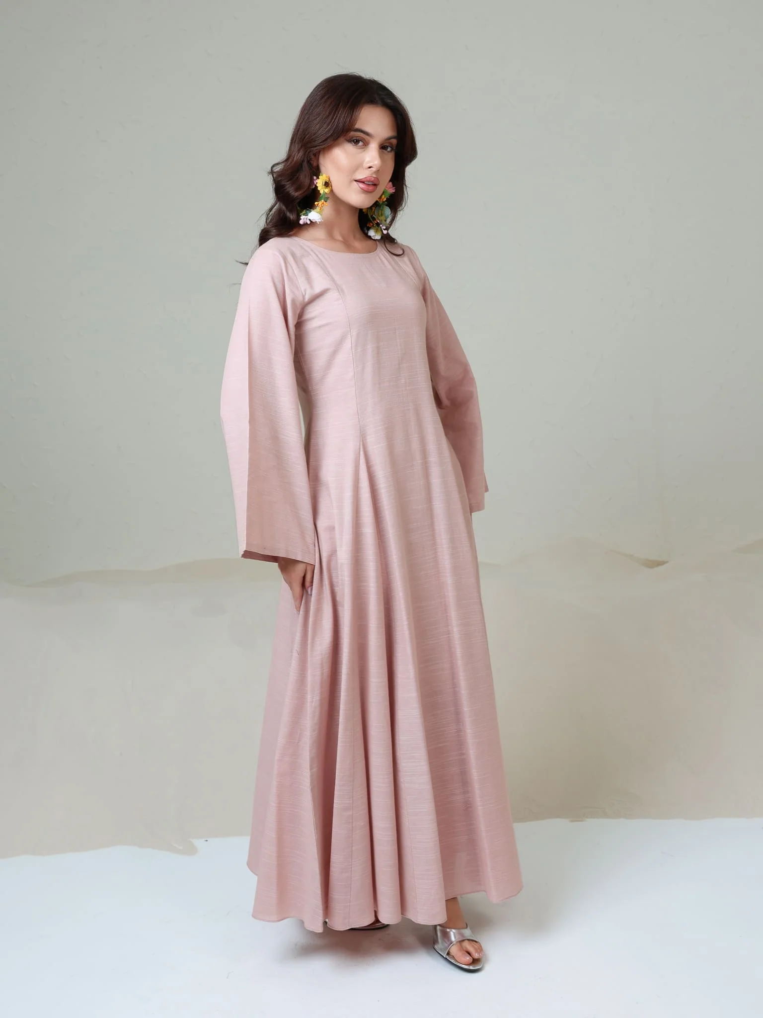 Corrina Peach Panel Dress With Brown Flower Belt - Image 3