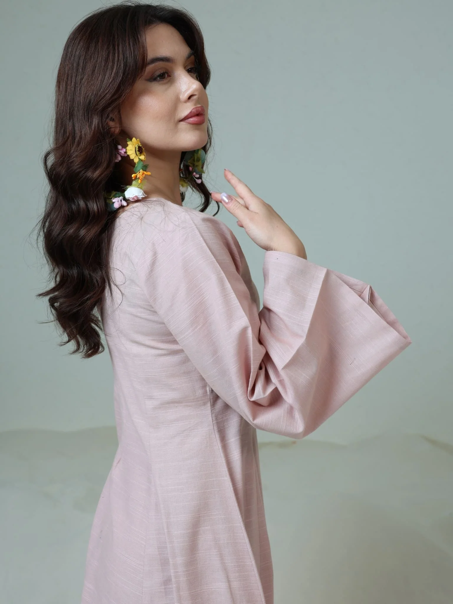 Corrina Peach Panel Dress With Brown Flower Belt - Image 6