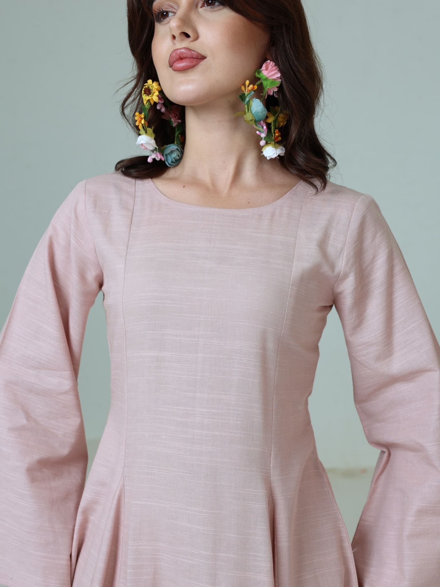 Corrina Peach Panel Dress With Brown Flower Belt - Image 8