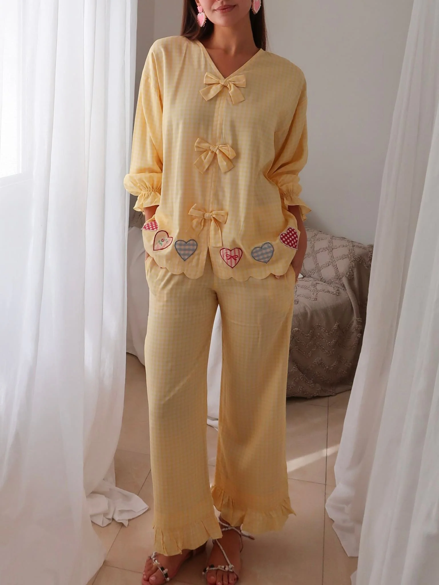 Cupidee Vichy Bow Butter Yellow Lounge Shirt - Image 2